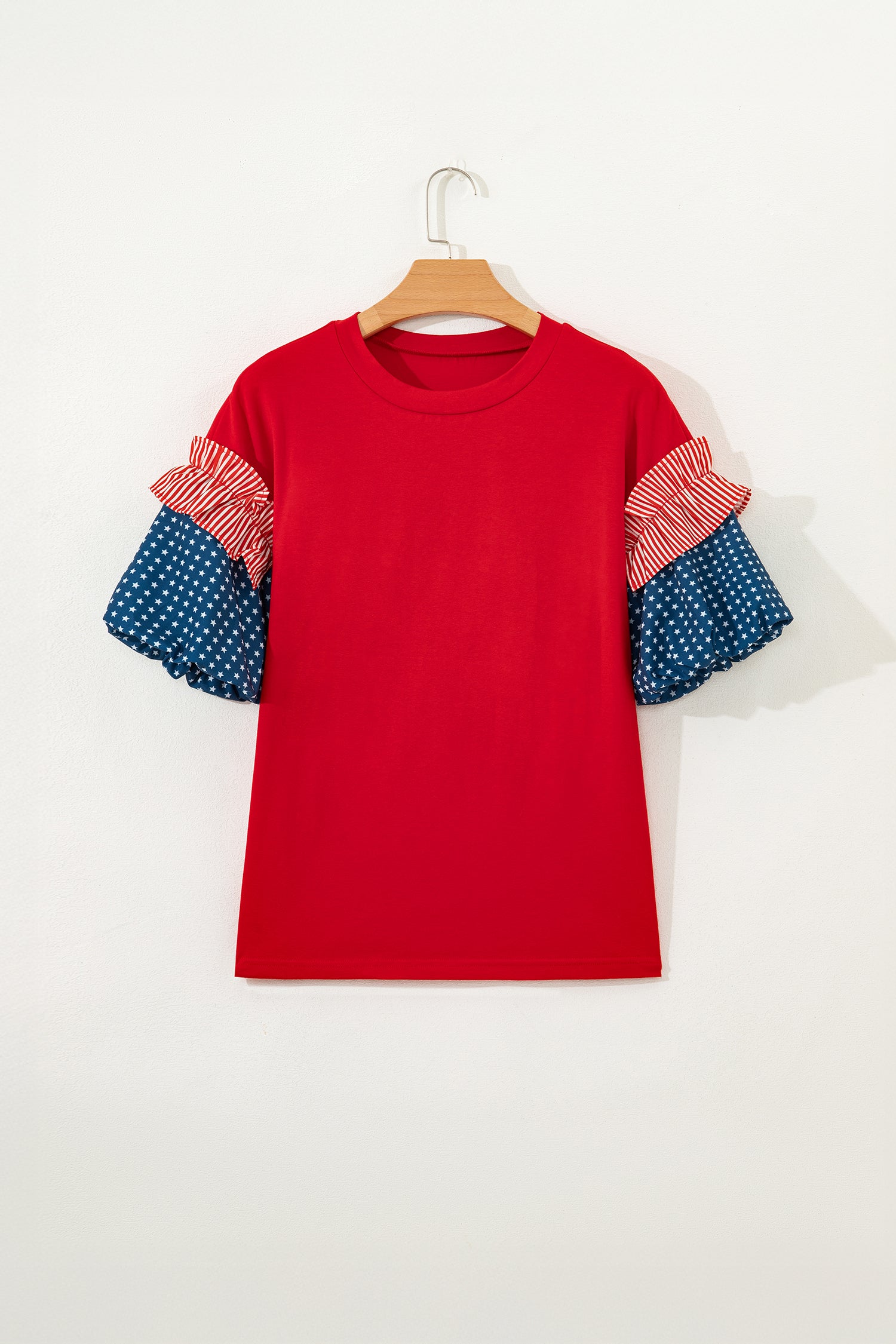 Fiery Red Stars Stripes Short Puff Sleeve Top-Tops/Tops & Tees-[Adult]-[Female]-2022 Online Blue Zone Planet