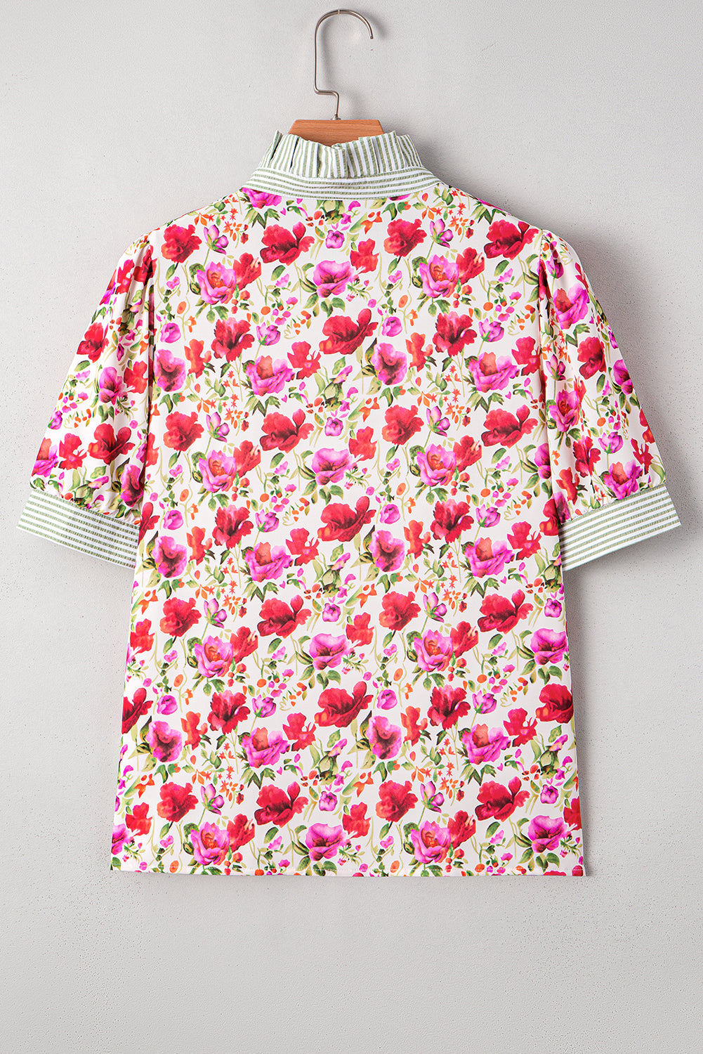 Red Floral Print Striped Patchwork Collared Short Sleeve Blouse-Tops/Blouses & Shirts-[Adult]-[Female]-2022 Online Blue Zone Planet
