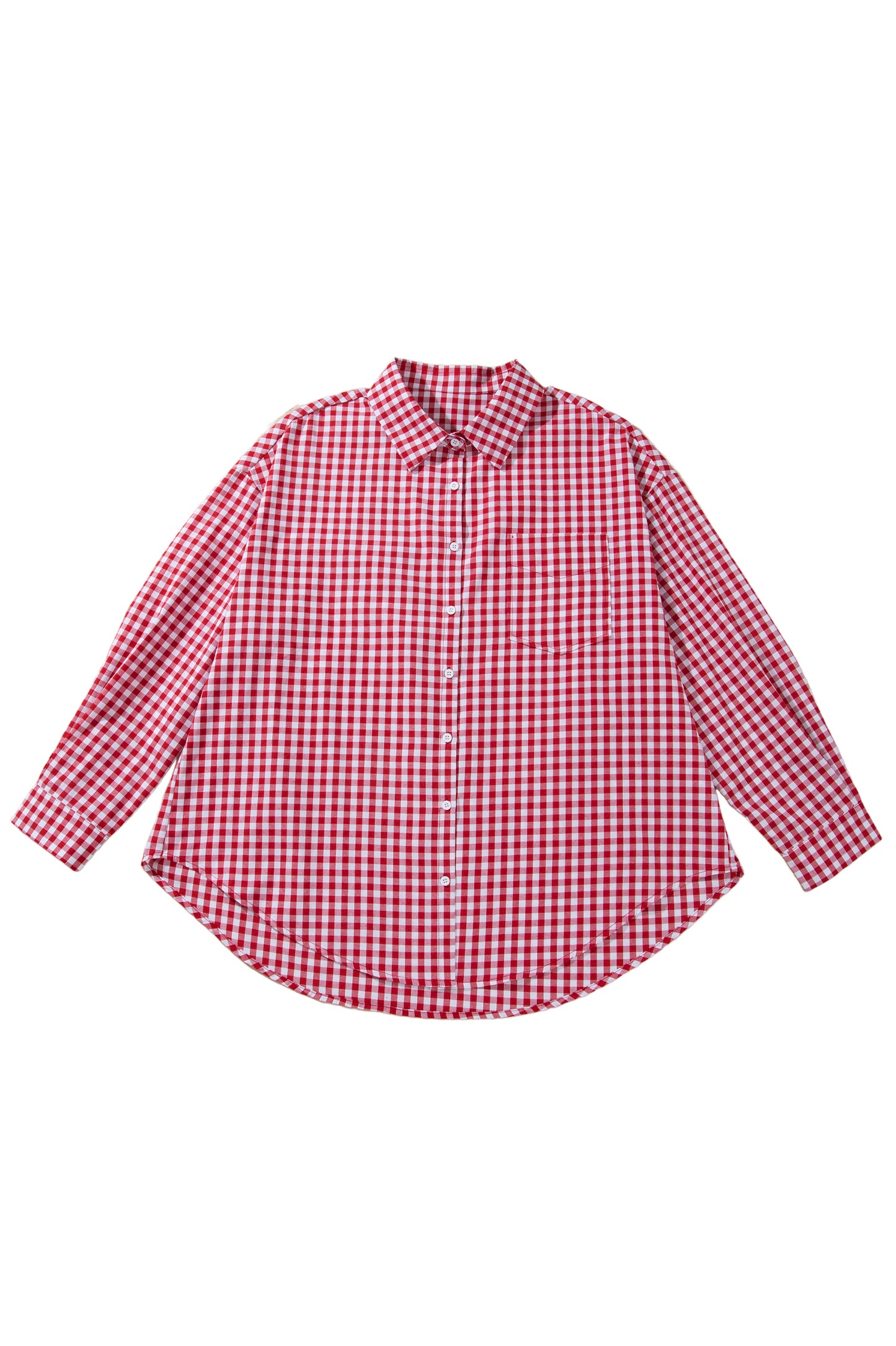 Red Plaid V Neck Long Sleeve Tunic Loose Fit Plus Size Shirt-Plus Size/Plus Size Tops/Plus Size Blouses & Shirts-[Adult]-[Female]-2022 Online Blue Zone Planet