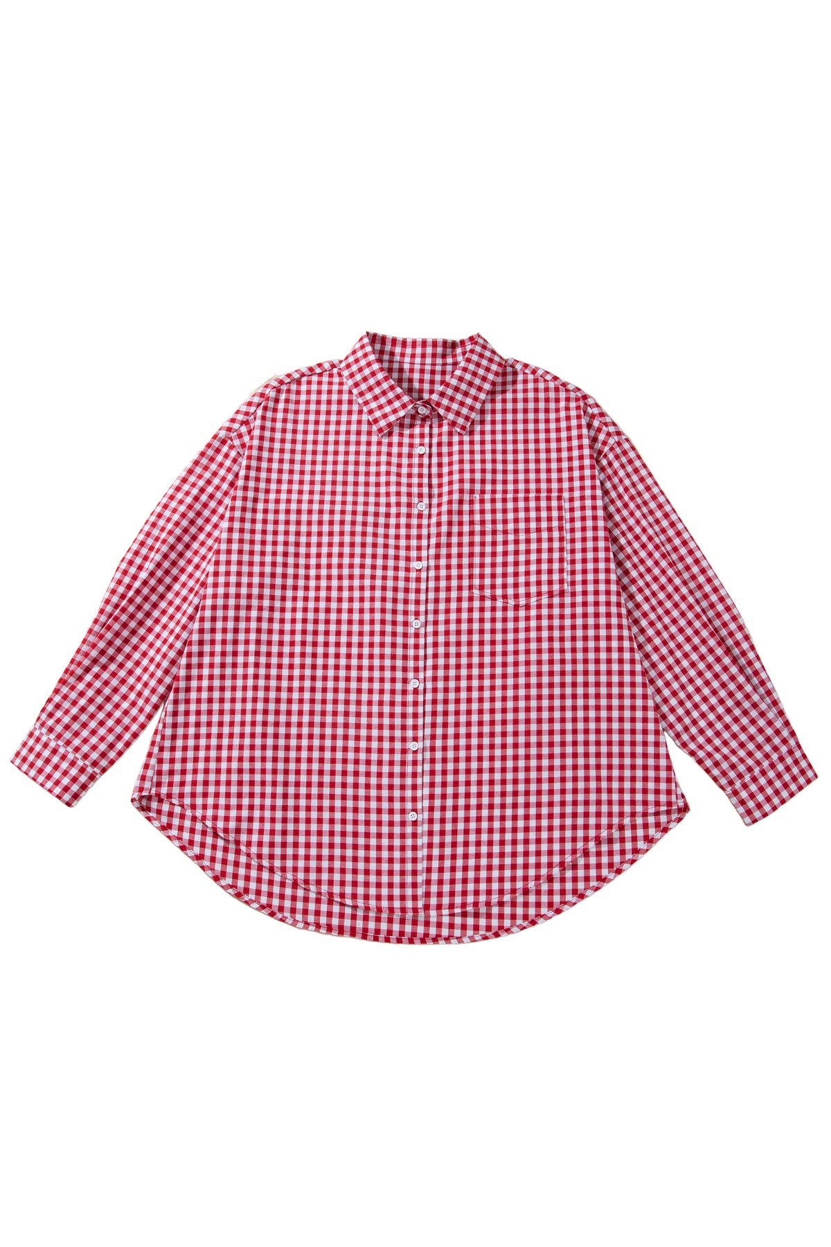 Red Plaid V Neck Long Sleeve Tunic Loose Fit Plus Size Shirt-Plus Size/Plus Size Tops/Plus Size Blouses & Shirts-[Adult]-[Female]-2022 Online Blue Zone Planet