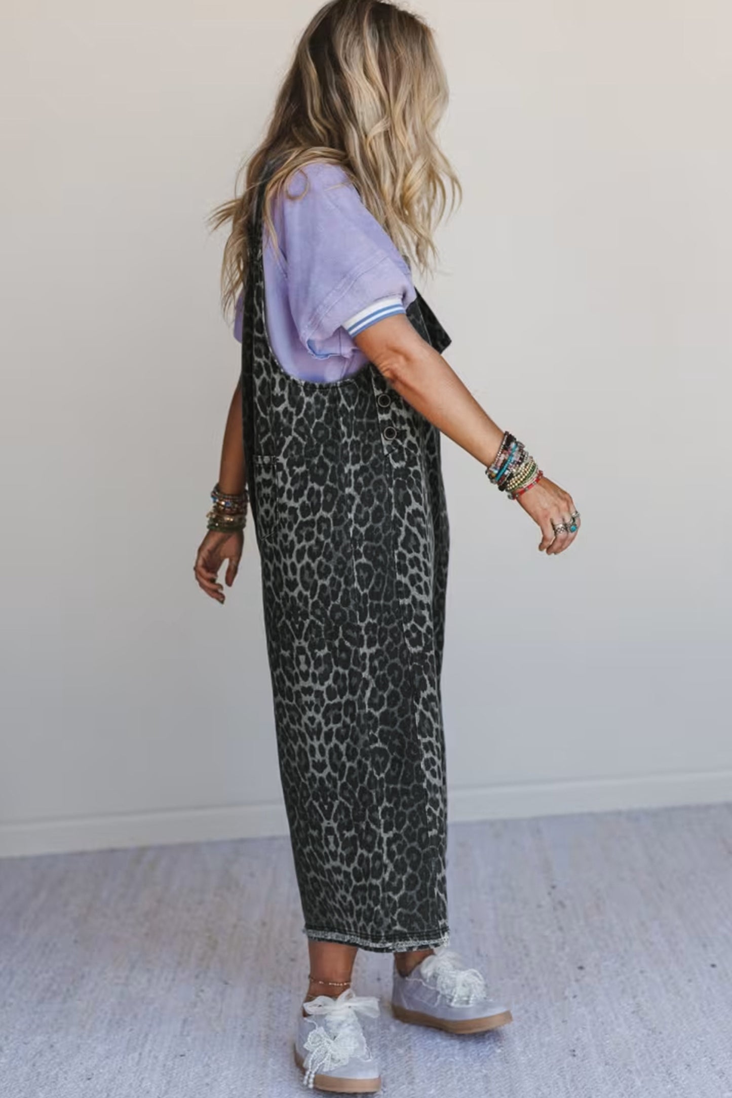 Gray Leopard Print Button Adjustable Straps Cropped Loose Denim Overalls-Bottoms/Jumpsuits & Rompers-[Adult]-[Female]-2022 Online Blue Zone Planet