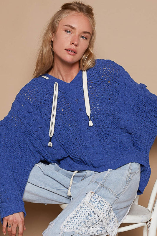 POL Cable Knit Hooded Chenille Sweater-Tops / Dresses-[Adult]-[Female]-Ultramarine-S-2022 Online Blue Zone Planet