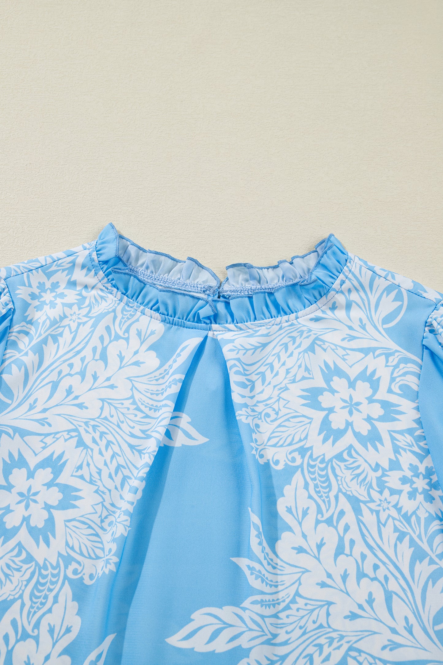 Sky Blue Ruffled Collar Puff Sleeve Flower Blouse-Tops/Blouses & Shirts-[Adult]-[Female]-2022 Online Blue Zone Planet