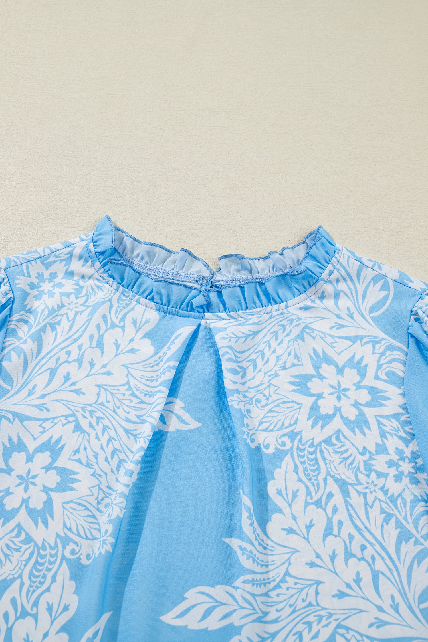 Sky Blue Ruffled Collar Puff Sleeve Flower Blouse-Tops/Blouses & Shirts-[Adult]-[Female]-2022 Online Blue Zone Planet