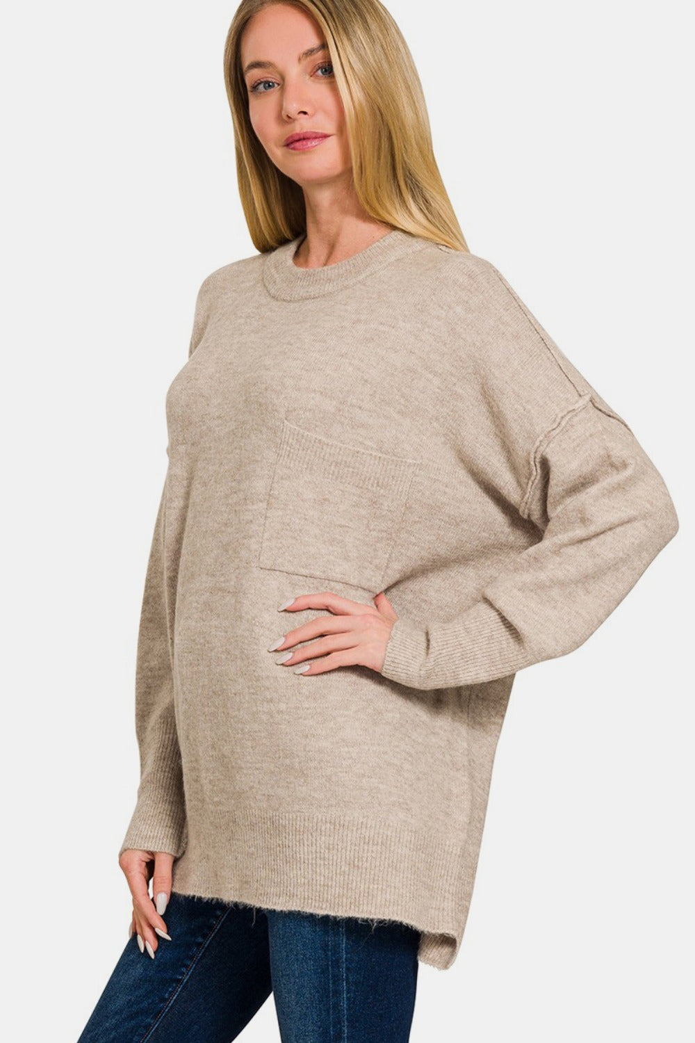 Blue Zone Planet | Zenana High-Low Hem Drop Shoulder Sweater-TOPS / DRESSES-[Adult]-[Female]-2022 Online Blue Zone Planet