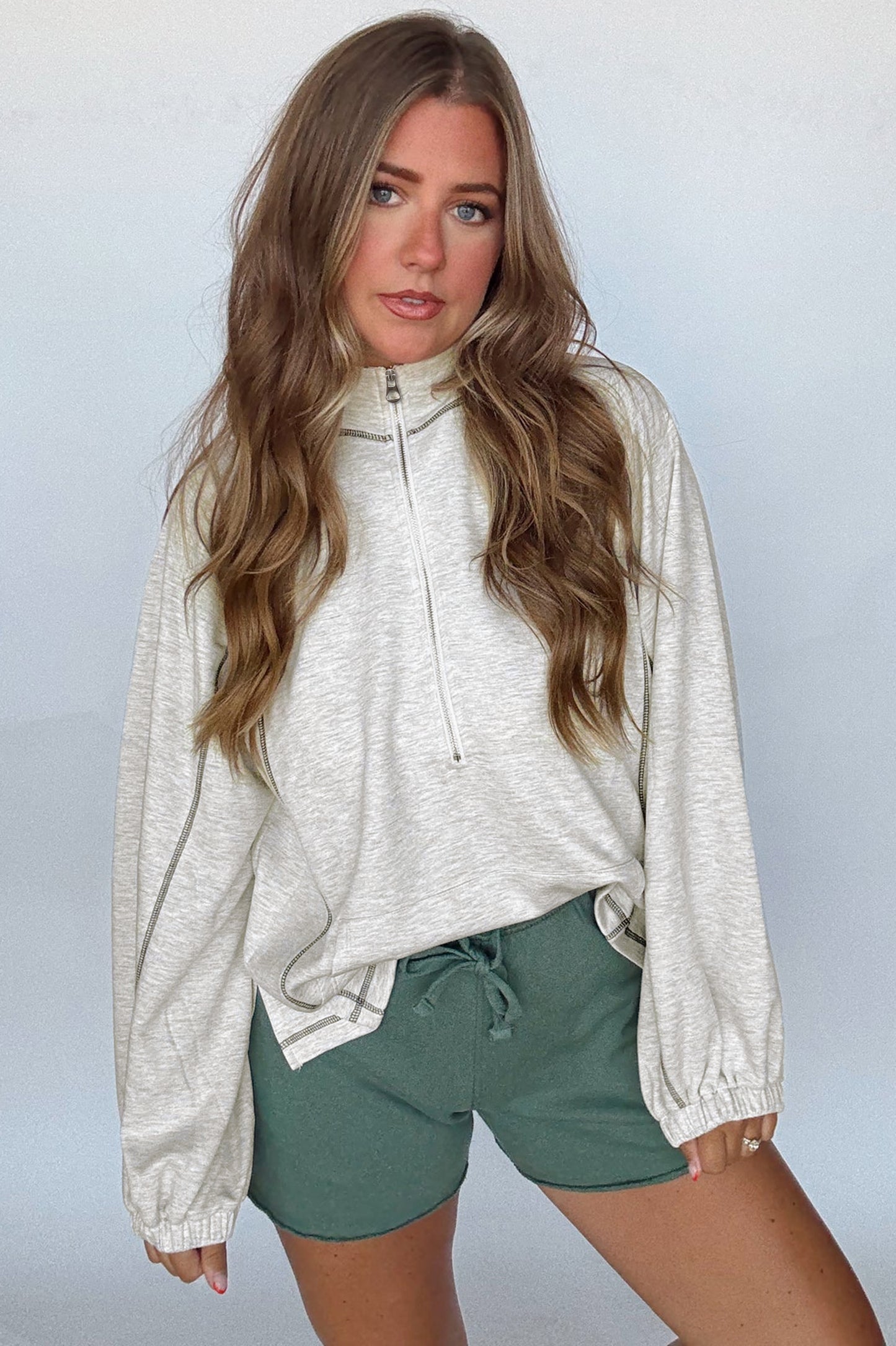 Light Grey Half Zip Stand Neck Seam Detail Long Sleeve Top-Tops/Long Sleeve Tops-[Adult]-[Female]-2022 Online Blue Zone Planet