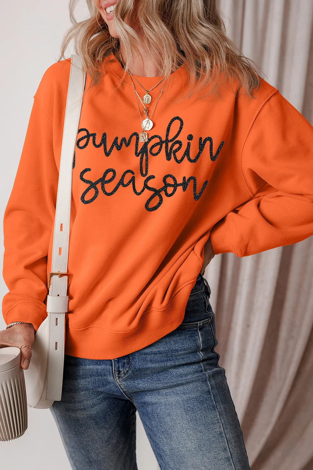 Letter Round Neck Long Sleeve Sweatshirt-TOPS / DRESSES-[Adult]-[Female]-Orange-S-2022 Online Blue Zone Planet