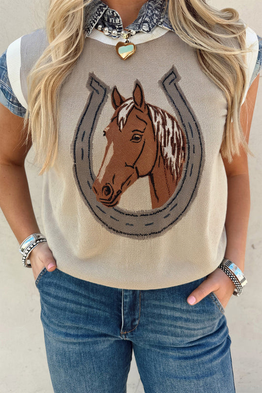Parchment Horse Shoe Print Color Block Trim Round Neck Sleeveless Sweater