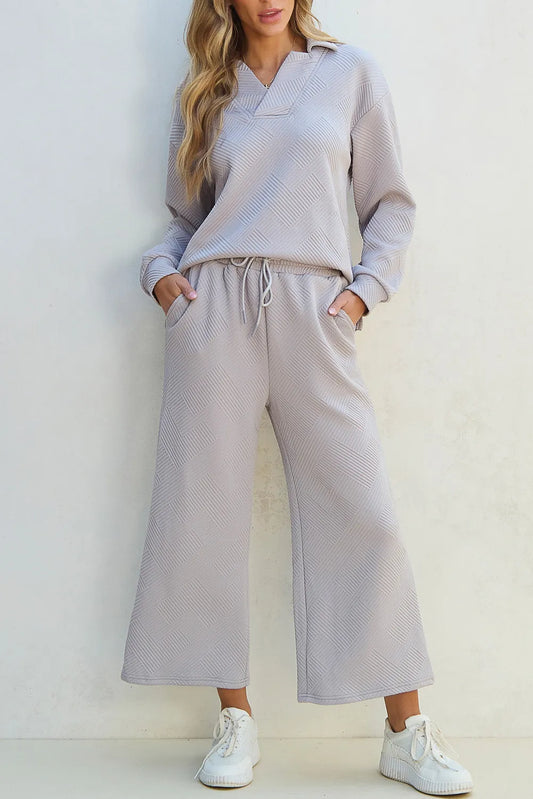 Textured Long Sleeve Top and Drawstring Pants Set-TOPS / DRESSES-[Adult]-[Female]-Gray-S-2022 Online Blue Zone Planet