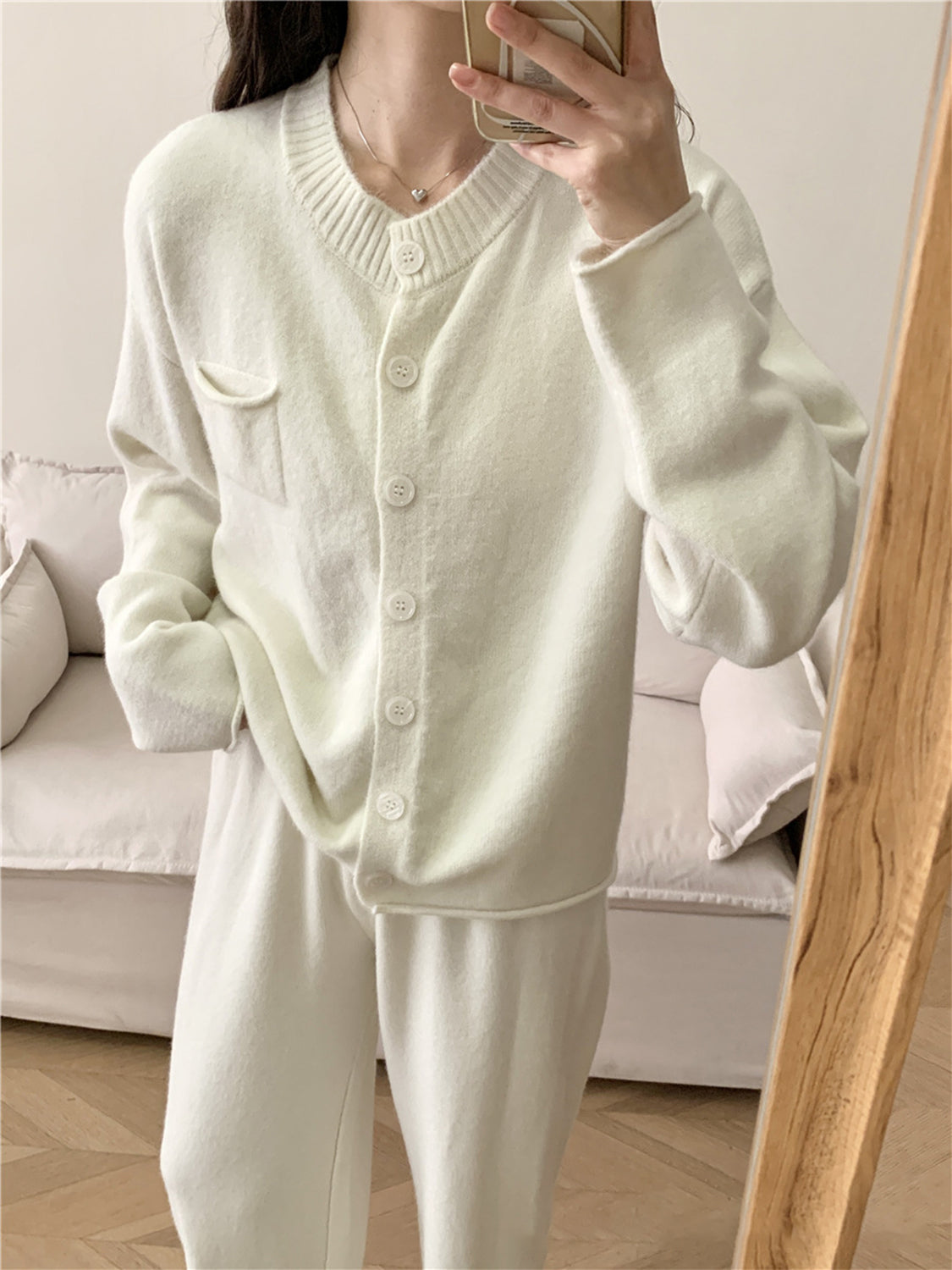 Pocketed Round Neck Button Up Cardigan and Pants Sweater Set-TOPS / DRESSES-[Adult]-[Female]-2022 Online Blue Zone Planet