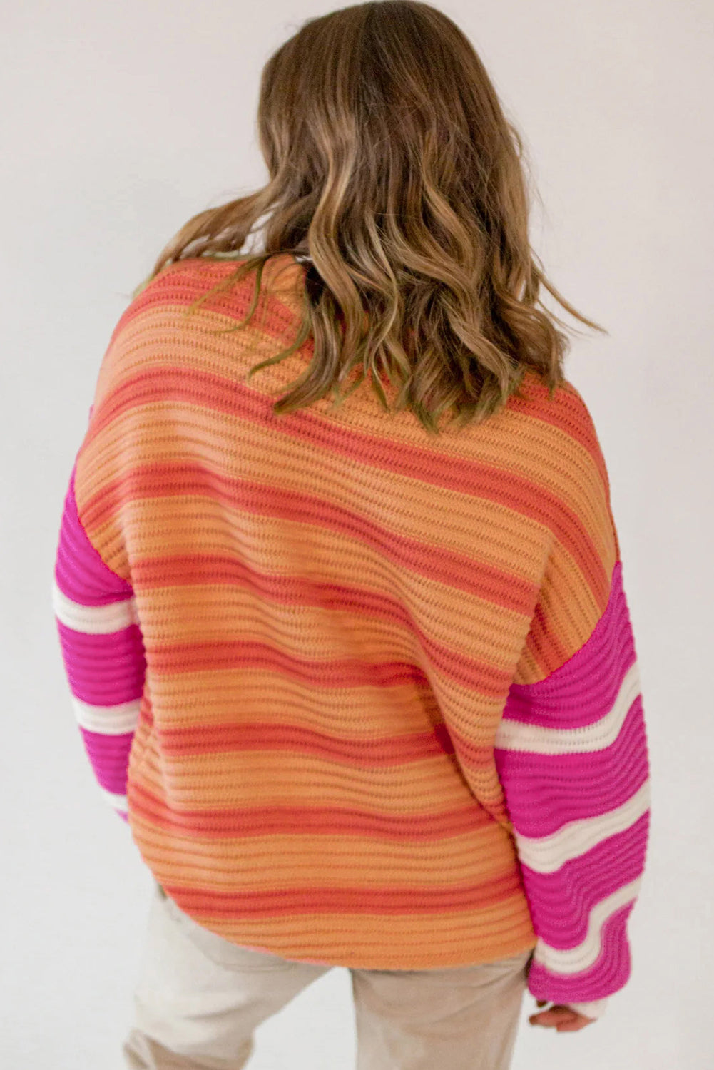 Orange Stripe Colorblock Crew Neck Drop Shoulder Loose Sweater-Sweaters & Cardigans/Sweaters-[Adult]-[Female]-2022 Online Blue Zone Planet