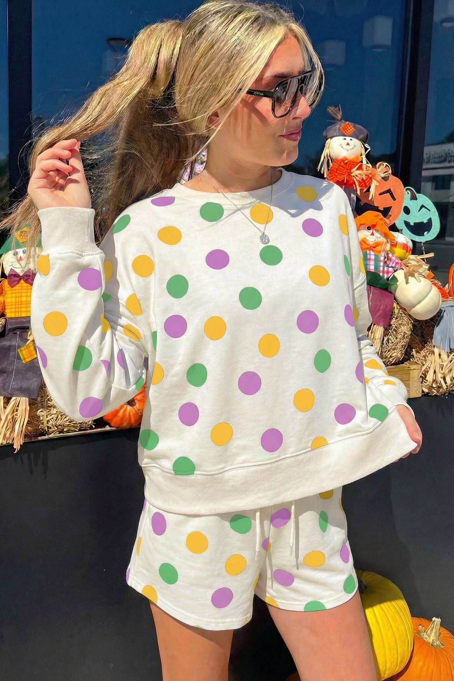 Multicolour Polka Dot Print Drop Shoulder Pullover Drawstring Shorts Set-Two Piece Sets/Short Sets-[Adult]-[Female]-2022 Online Blue Zone Planet