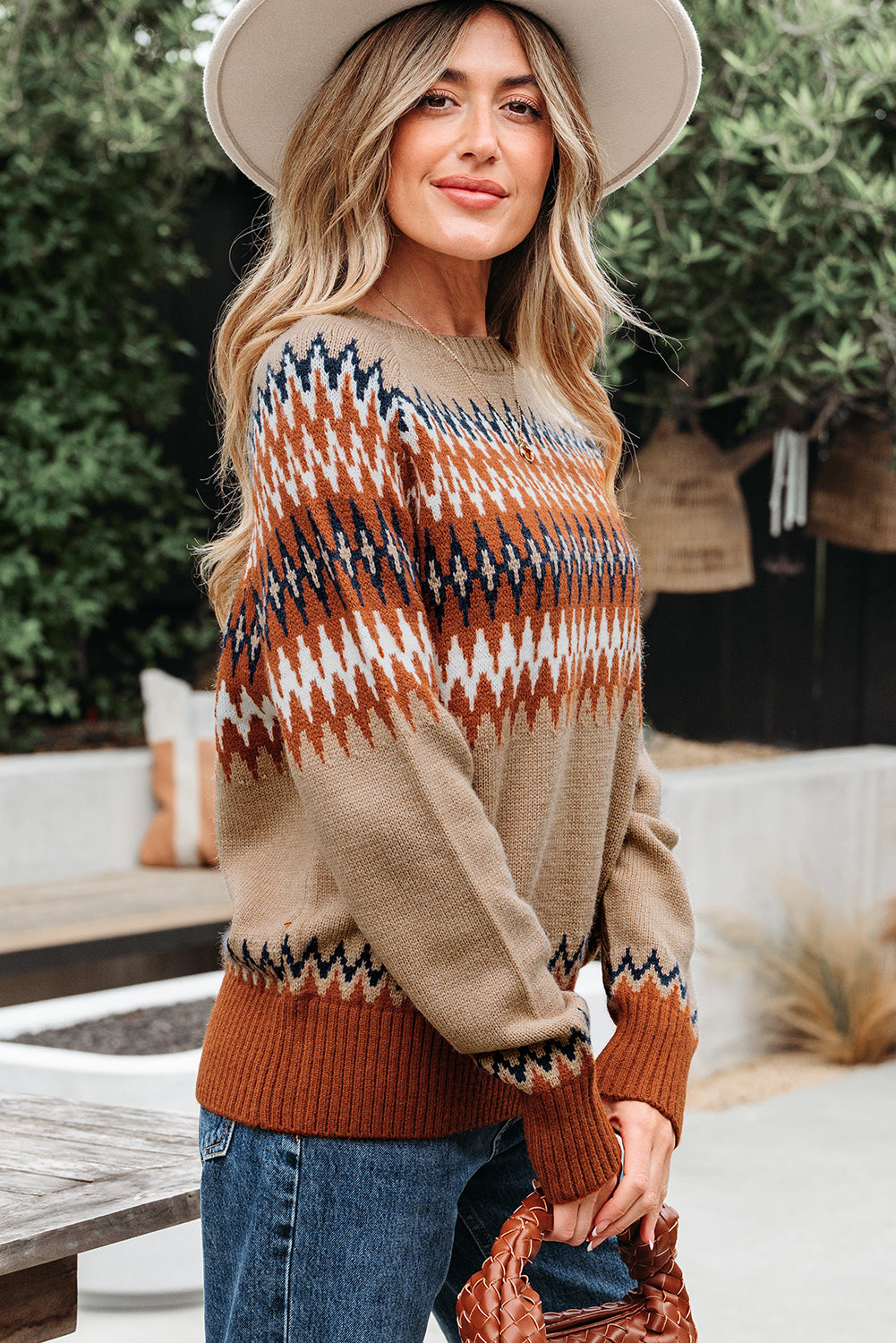 Khaki Aztec Print Colorblock Crew Neck Sweater-TOPS / DRESSES-[Adult]-[Female]-2022 Online Blue Zone Planet