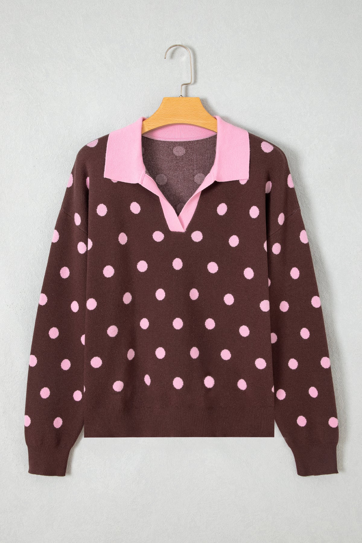 Pink Polka Dot Pattern Color Block Collared Loose Pullover Sweater-Sweaters & Cardigans/Sweaters-[Adult]-[Female]-2022 Online Blue Zone Planet