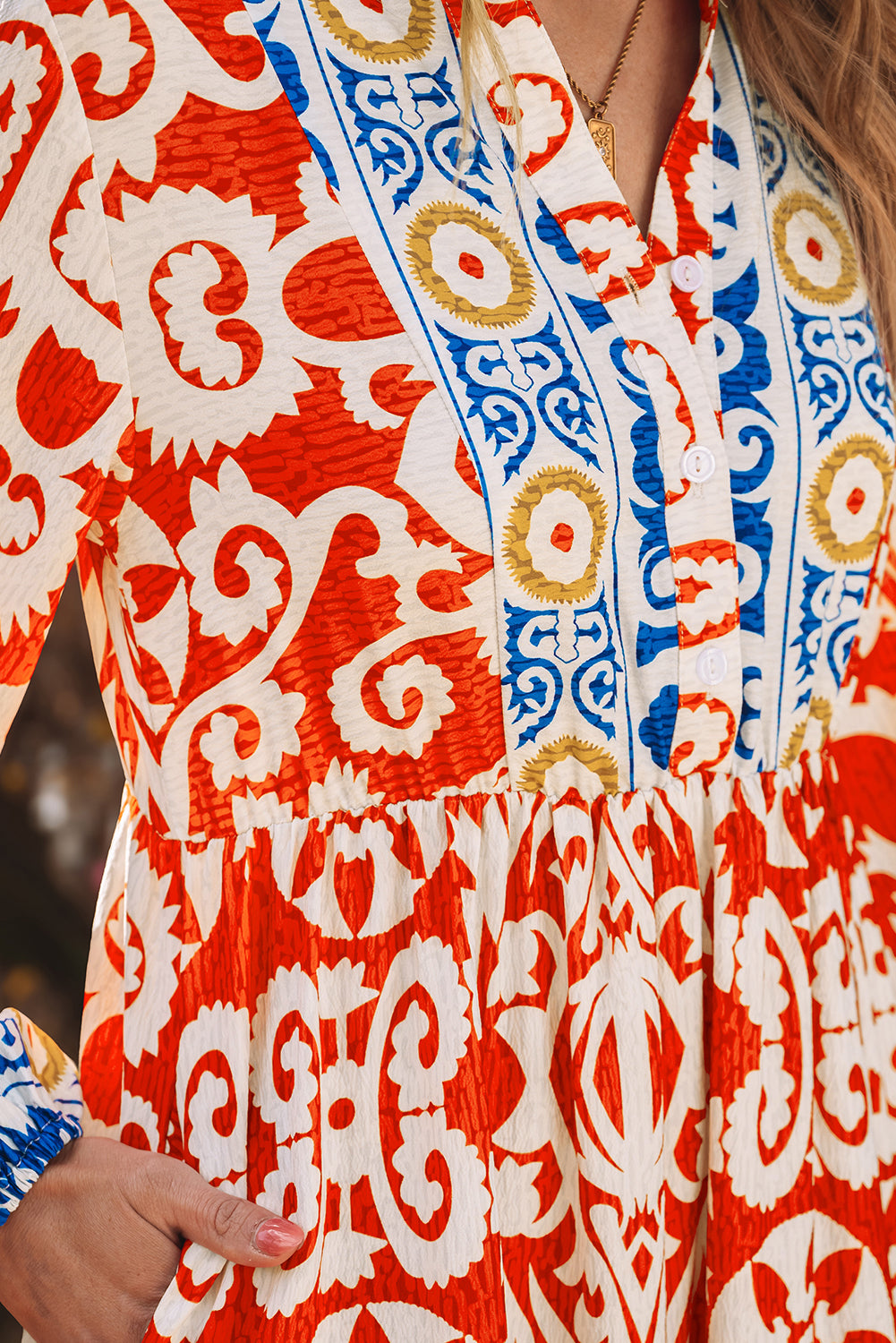 Blue Zone Planet | Orange Boho Geometric Printed Long Sleeve Maxi Dress-TOPS / DRESSES-[Adult]-[Female]-2022 Online Blue Zone Planet