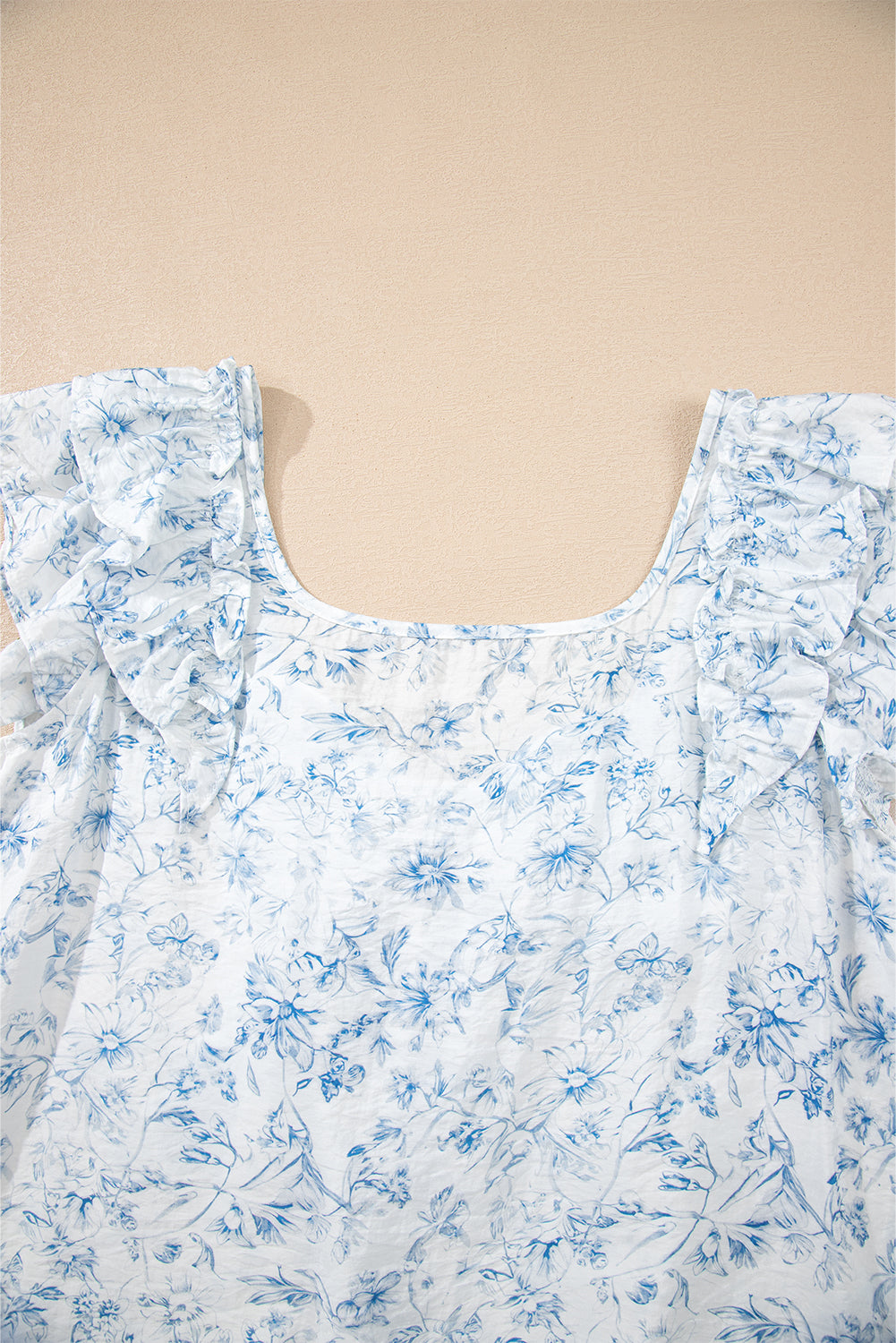 Sky Blue Floral Ruffled Short Sleeve Bow Back Square Neck Blouse-Tops/Blouses & Shirts-[Adult]-[Female]-2022 Online Blue Zone Planet