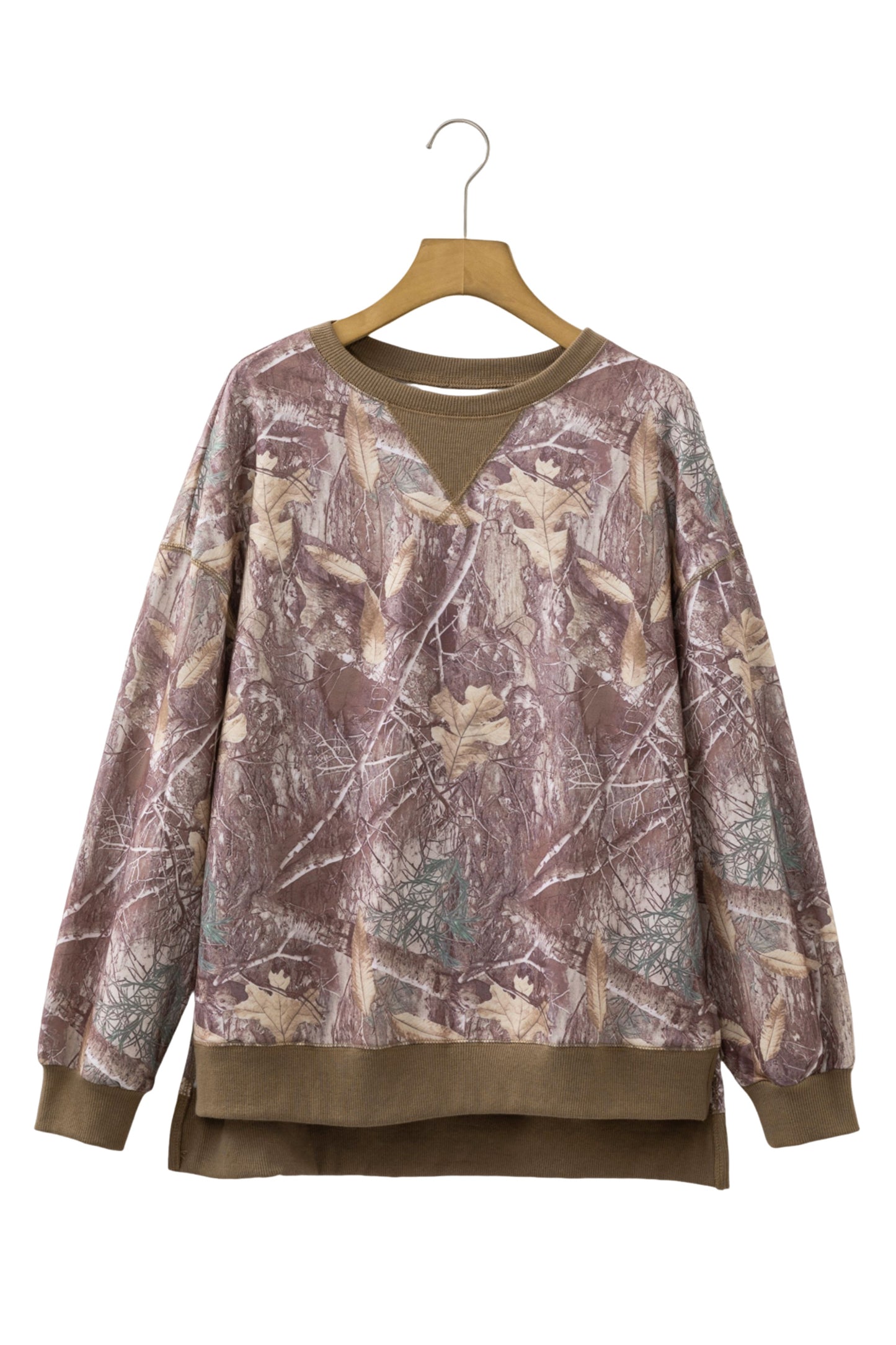 Brown Abstract Camo Print Color Block Detail Baggy Pullover Sweatshirt-Tops/Sweatshirts & Hoodies-[Adult]-[Female]-2022 Online Blue Zone Planet
