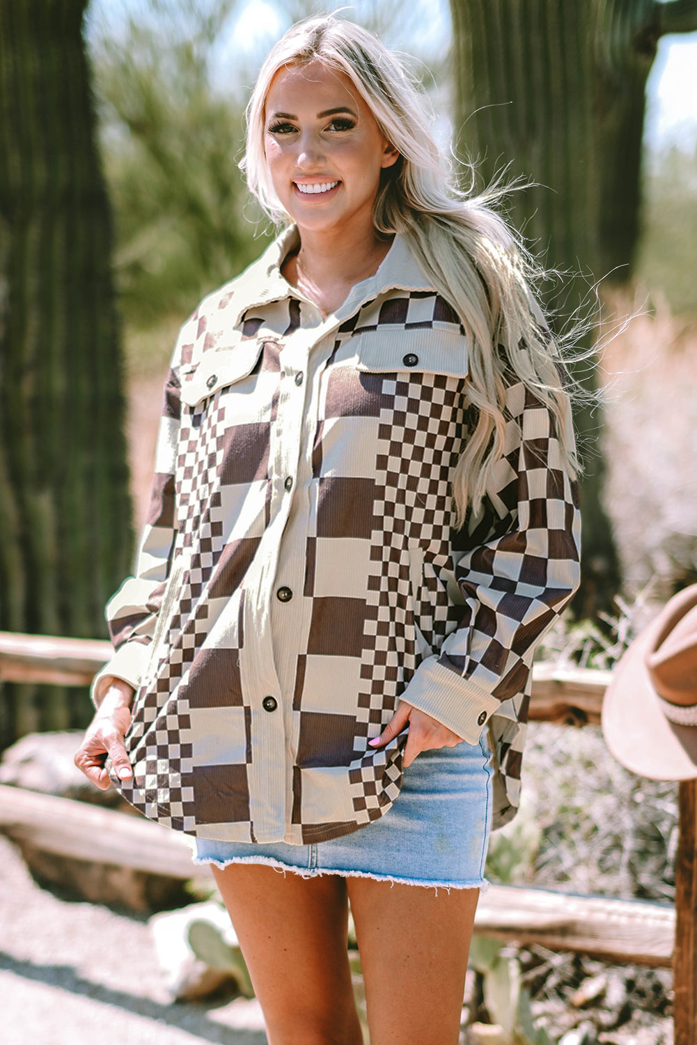 Brown Checkered Print Patchwork Corduroy Shacket-Outerwear/Jackets-[Adult]-[Female]-Brown-S-2022 Online Blue Zone Planet