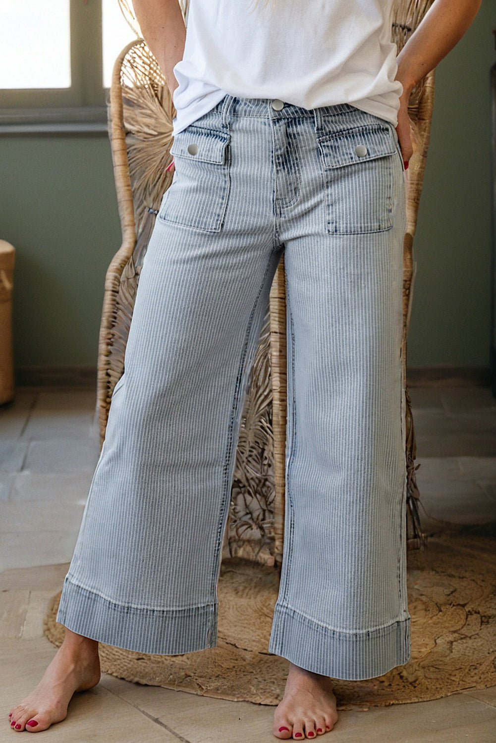 Sky Blue Stripe Button Flap Pocket Cuffed Hem Wide Leg Jeans-Bottoms/Jeans-[Adult]-[Female]-2022 Online Blue Zone Planet