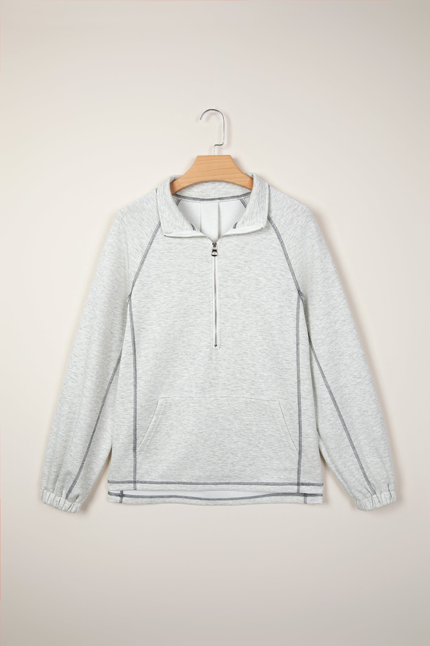 Light Grey Half Zip Stand Neck Seam Detail Long Sleeve Top-Tops/Long Sleeve Tops-[Adult]-[Female]-2022 Online Blue Zone Planet