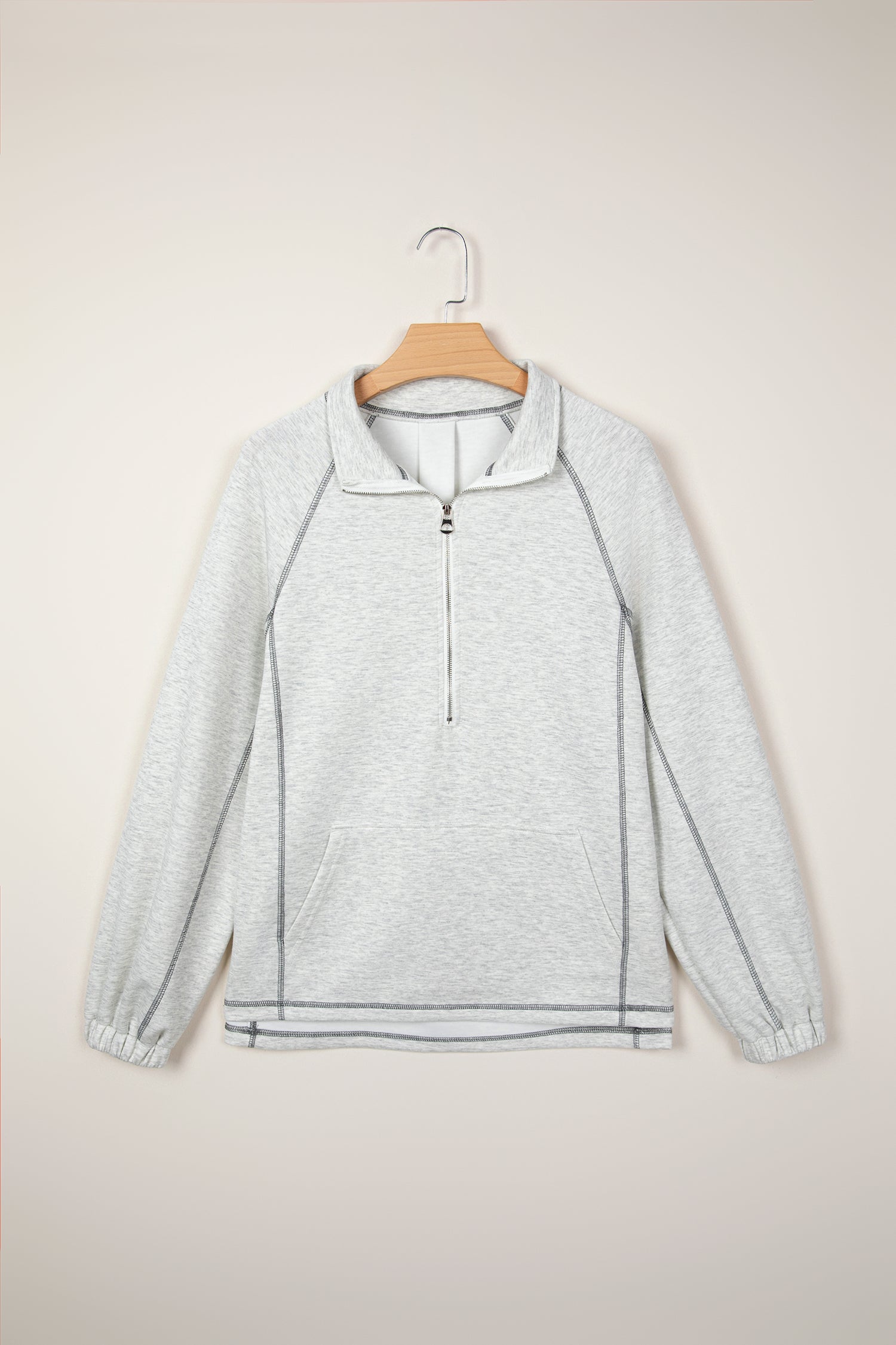 Light Grey Half Zip Stand Neck Seam Detail Long Sleeve Top-Tops/Long Sleeve Tops-[Adult]-[Female]-2022 Online Blue Zone Planet