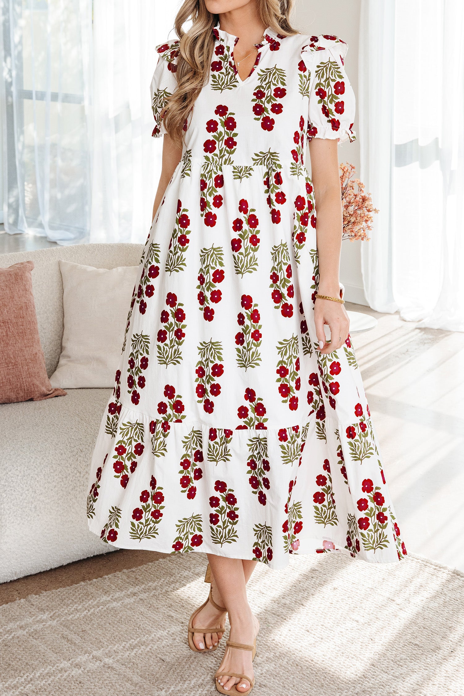 Beige Floral Short Bubble Sleeve Tiered Maxi Dress-TOPS / DRESSES-[Adult]-[Female]-2022 Online Blue Zone Planet