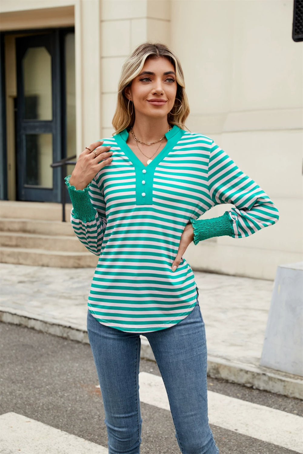 Contrast Striped Notched Long Sleeve Top-TOPS / DRESSES-[Adult]-[Female]-Turquoise-S-2022 Online Blue Zone Planet