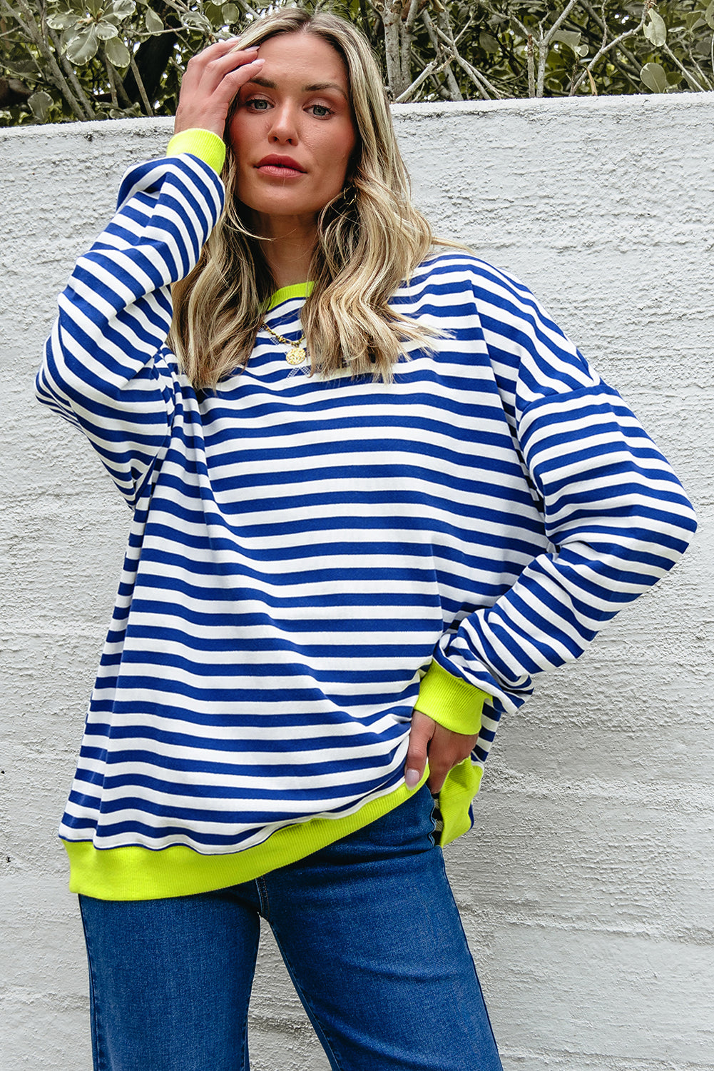 Sky Blue Stripe Striped Contrast Ribbed Trim Crossed Stitch Drop Shoulder Sweatshirt-Tops/Sweatshirts & Hoodies-[Adult]-[Female]-2022 Online Blue Zone Planet