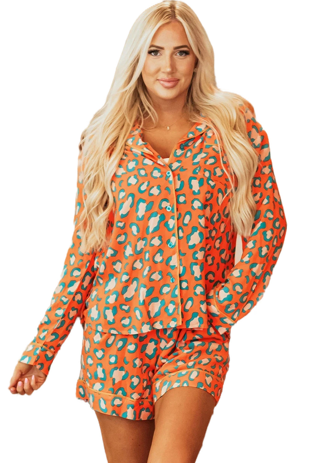 Blue Zone Planet | Orange Leopard Print Long Sleeve Shirt and Shorts Pajama Set-TOPS / DRESSES-[Adult]-[Female]-2022 Online Blue Zone Planet