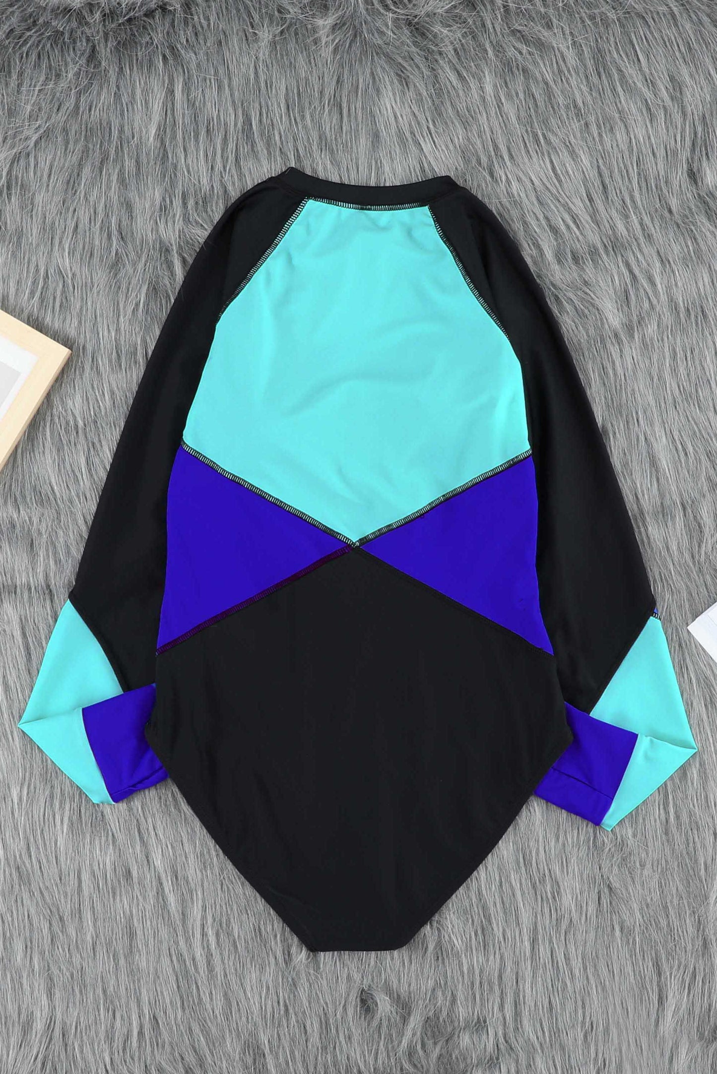 Green Color Block Zipper Long Sleeve Rash Guard Swimwear-Swimwear/Rash Guards-[Adult]-[Female]-2022 Online Blue Zone Planet