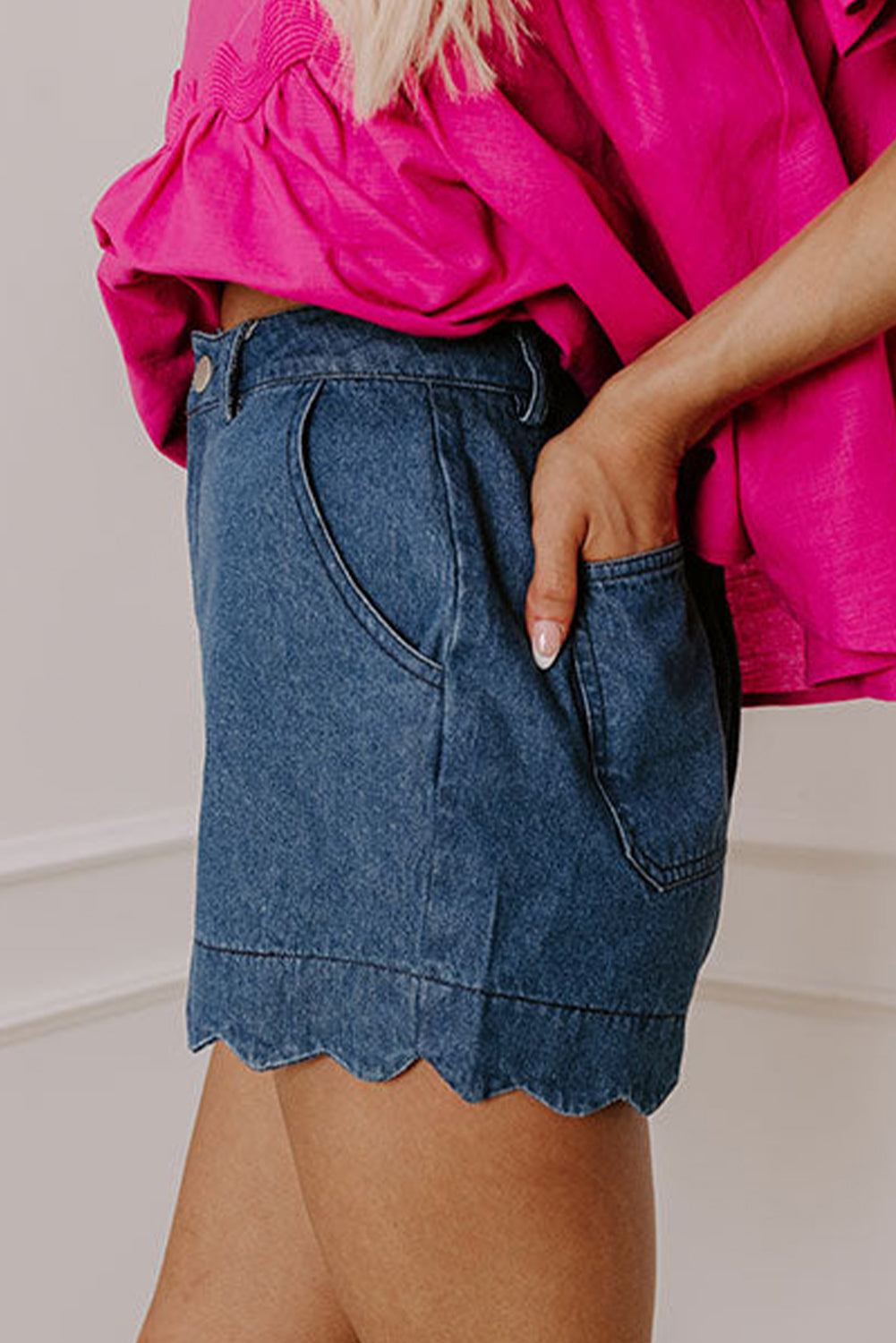 Sail Blue Scalloped Hemline Acid Wash High Waist Denim Shorts-Bottoms/Denim Shorts-[Adult]-[Female]-2022 Online Blue Zone Planet
