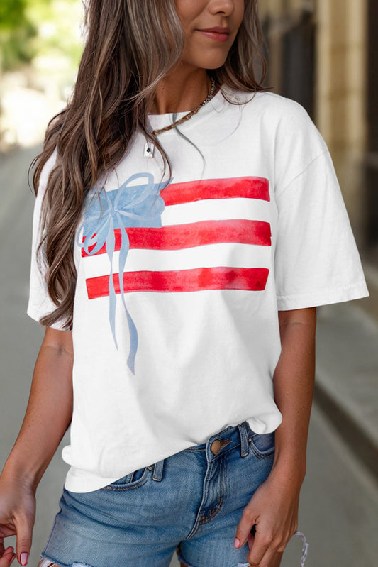 White Flag Bow Graphic Crewneck Tee-Tops/Tops & Tees-[Adult]-[Female]-White-S-2022 Online Blue Zone Planet