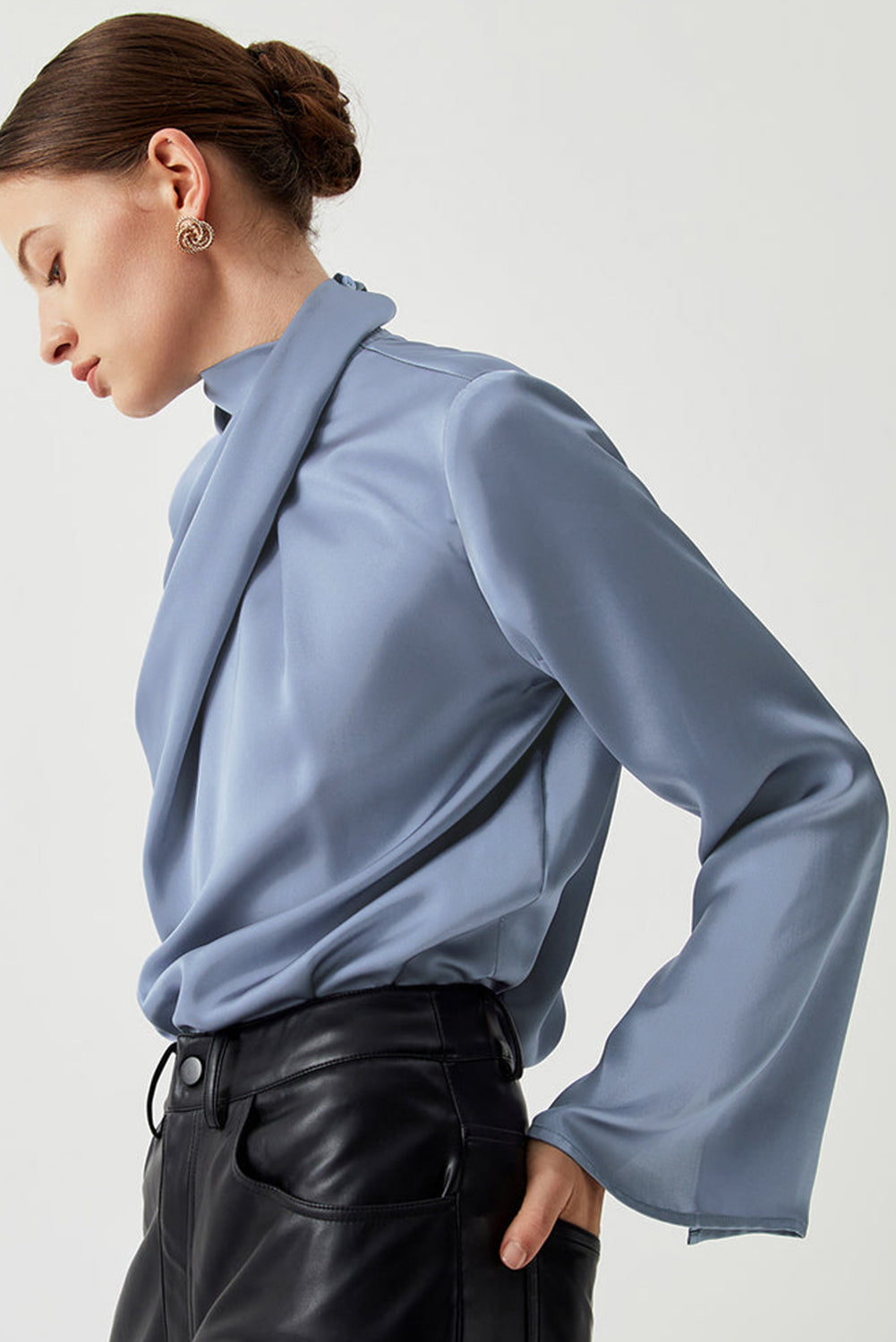 Ivy Asymmetric Pleated Turtleneck Bell Sleeve Blouse-Tops/Blouses & Shirts-[Adult]-[Female]-2022 Online Blue Zone Planet