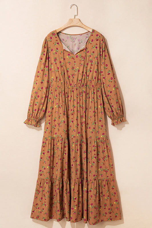 Brown Plus Size Floral Split V Neck Ruffled Sleeve Tiered Maxi Dress-TOPS / DRESSES-[Adult]-[Female]-2022 Online Blue Zone Planet