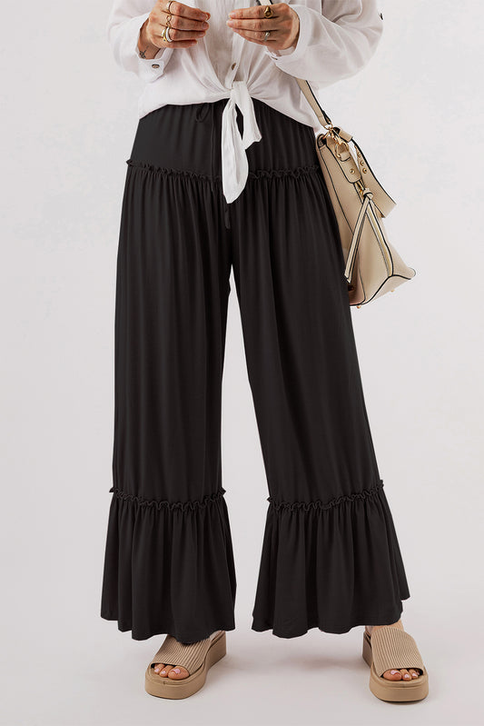 Tied Frill Ruched Bootcut Pants-BOTTOMS SIZES SMALL MEDIUM LARGE-[Adult]-[Female]-Black-S-2022 Online Blue Zone Planet