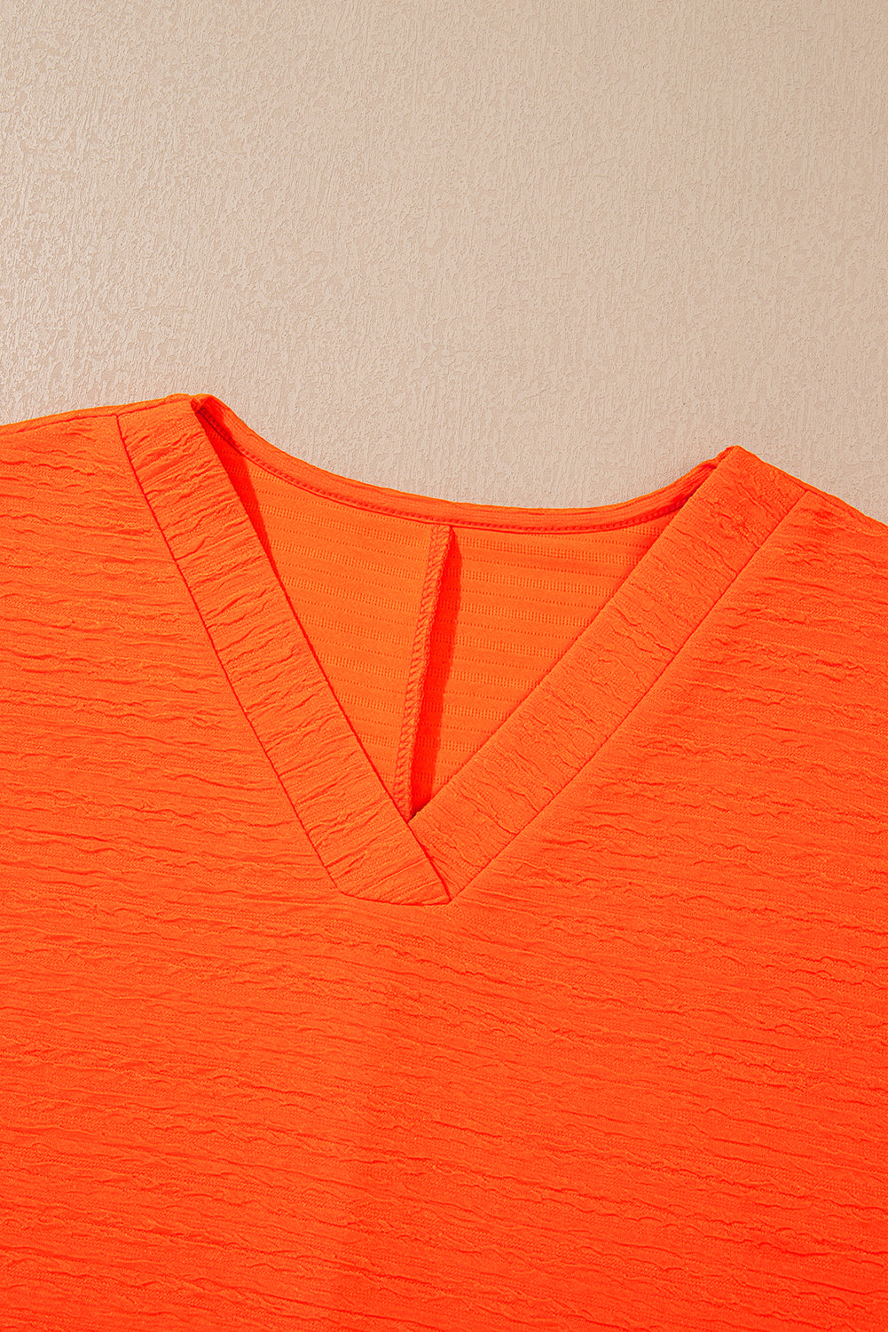 Orange Textured V Neck T Shirt and Shorts Set-Two Piece Sets/Short Sets-[Adult]-[Female]-2022 Online Blue Zone Planet