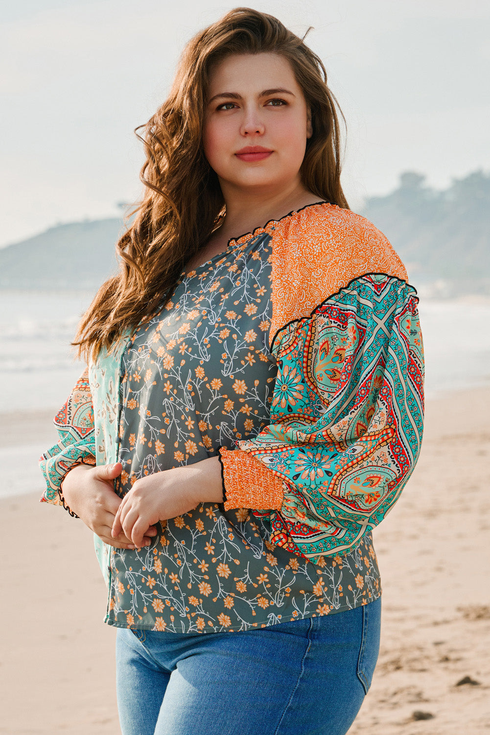 Blue Zone Planet | Green Floral Patchwork Lantern Sleeve Buttoned V Neck Plus Size Blouse-Plus Size/Plus Size Tops/Plus Size Blouses & Shirts-[Adult]-[Female]-2022 Online Blue Zone Planet