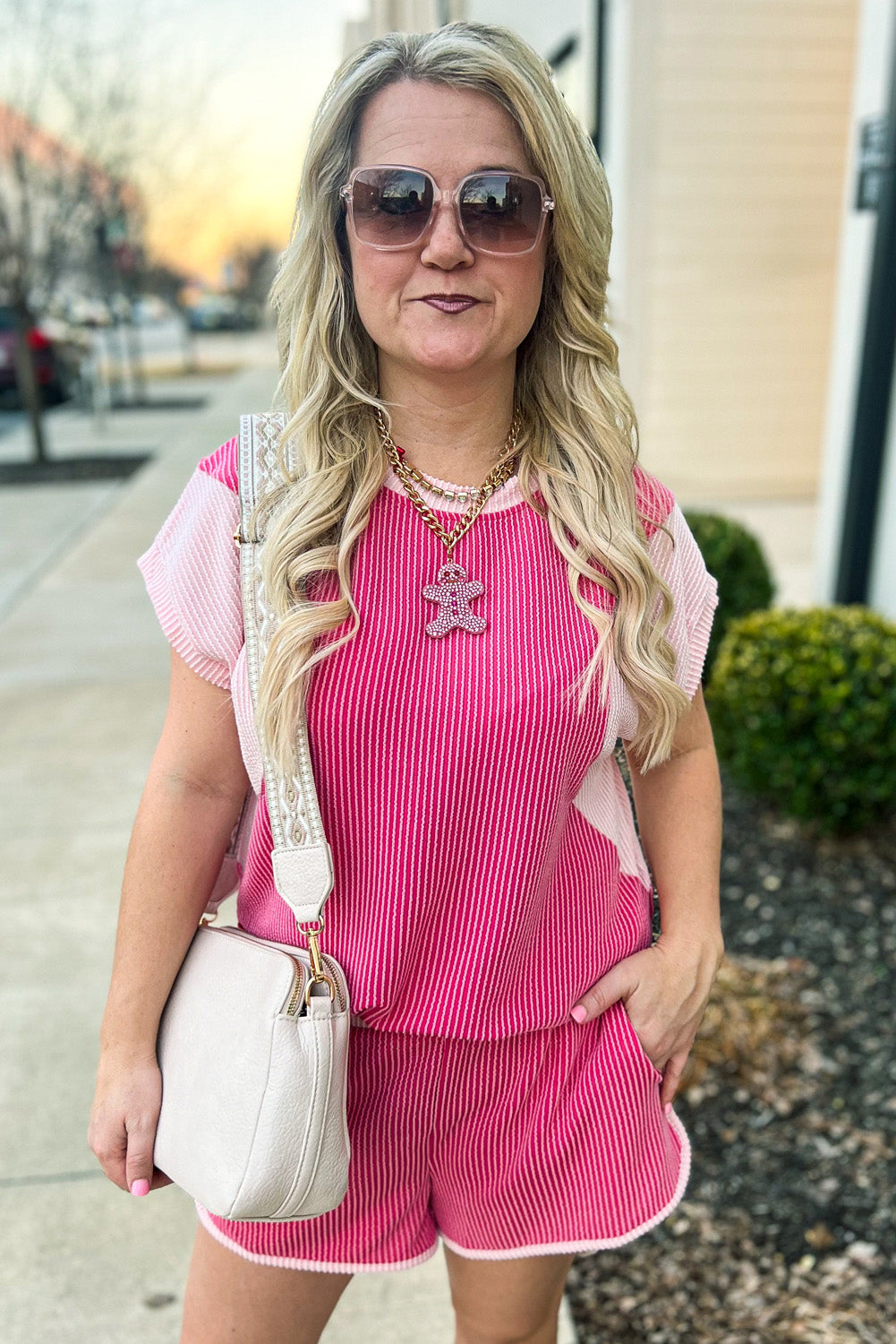 Rose Red 3D Spiral Ribbed Texture 2 Tones Patchwork Short Set-Two Piece Sets/Short Sets-[Adult]-[Female]-2022 Online Blue Zone Planet