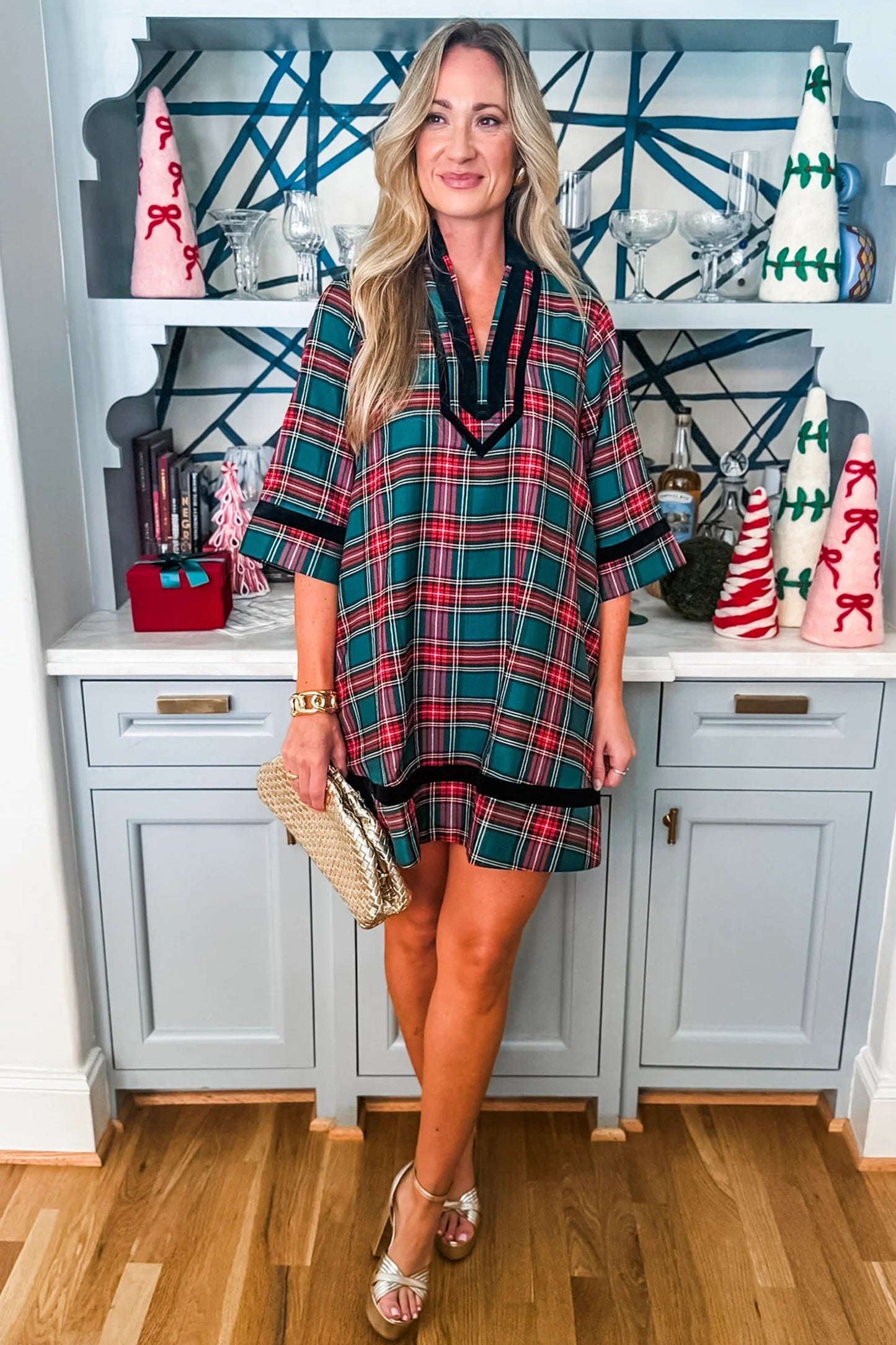 Green Plaid Velvet Trim Pockets Short Shift Dress-TOPS / DRESSES-[Adult]-[Female]-2022 Online Blue Zone Planet