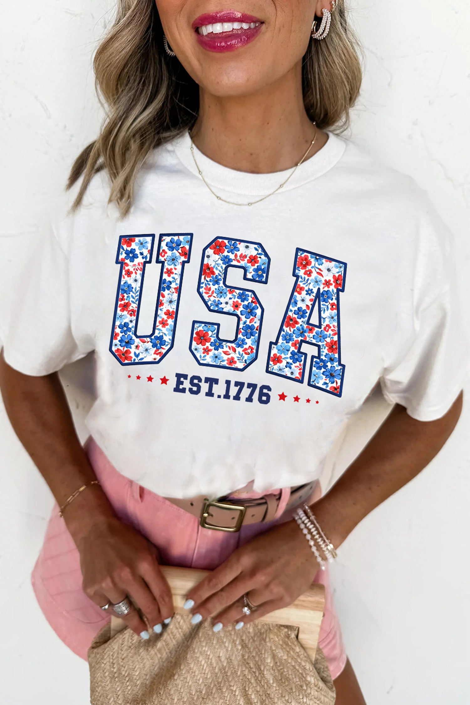 White USA Floral Print EST 1776 Patriotic Graphic Tee-Graphic/Graphic Tees-[Adult]-[Female]-2022 Online Blue Zone Planet