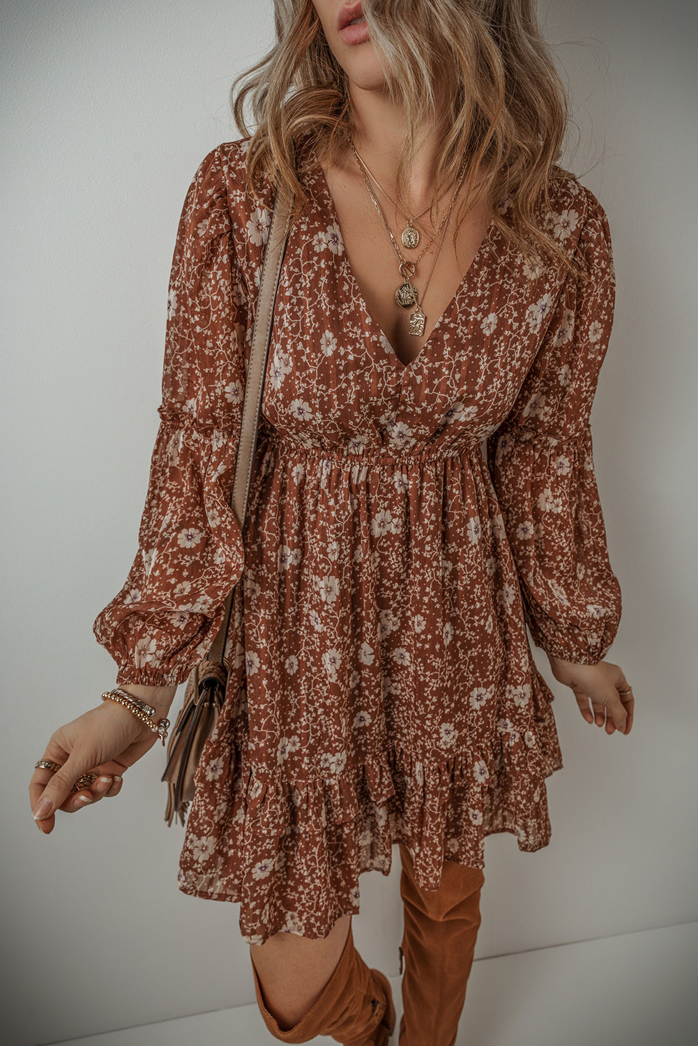 Blue Zone Planet | Brown Boho Floral Ruffled Puff Sleeve V Neck Mini Dress-TOPS / DRESSES-[Adult]-[Female]-2022 Online Blue Zone Planet