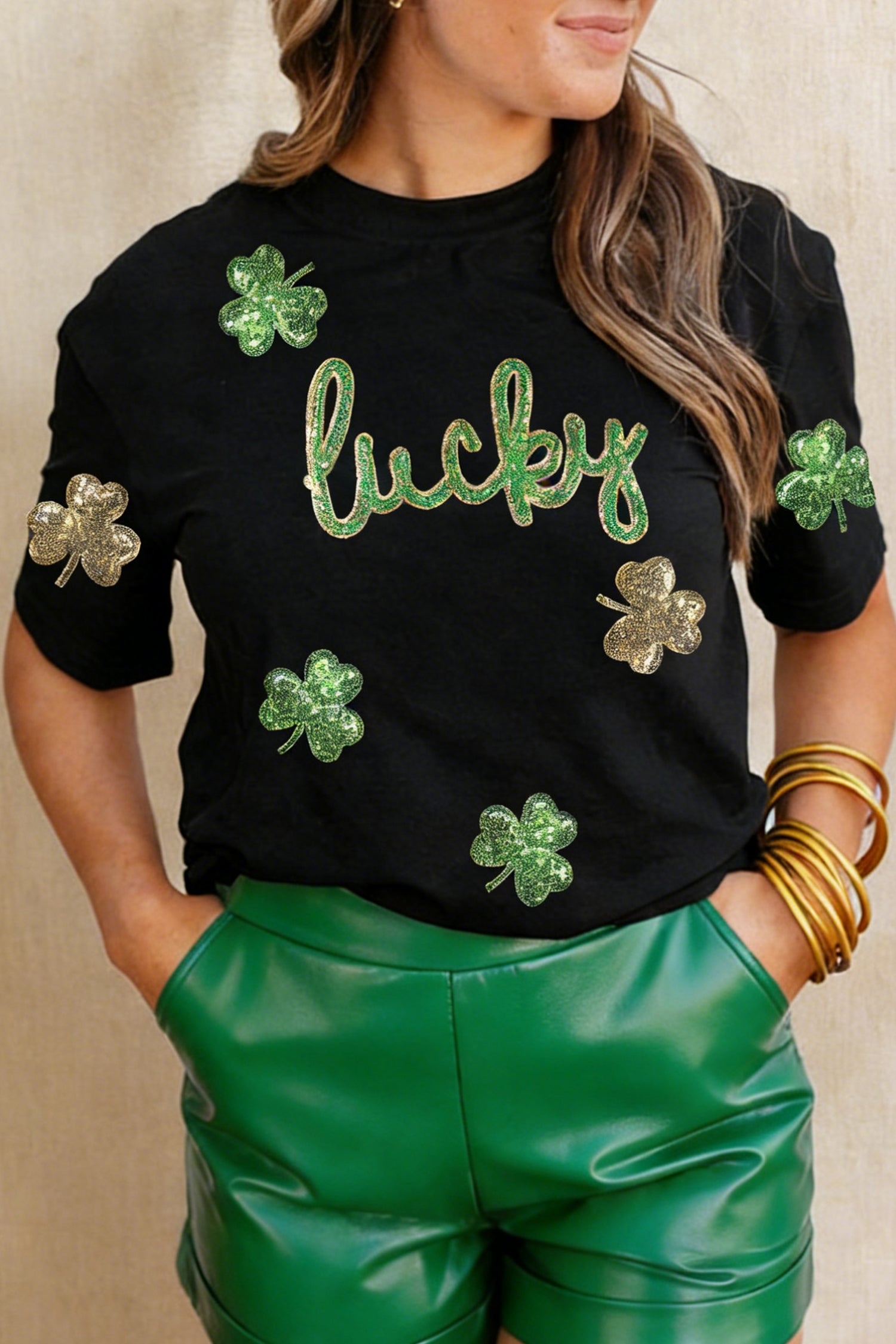 Black Lucky Sequin Shamrock Irish Festive Graphic Tee-Graphic Tees-[Adult]-[Female]-Black-2XL-2022 Online Blue Zone Planet