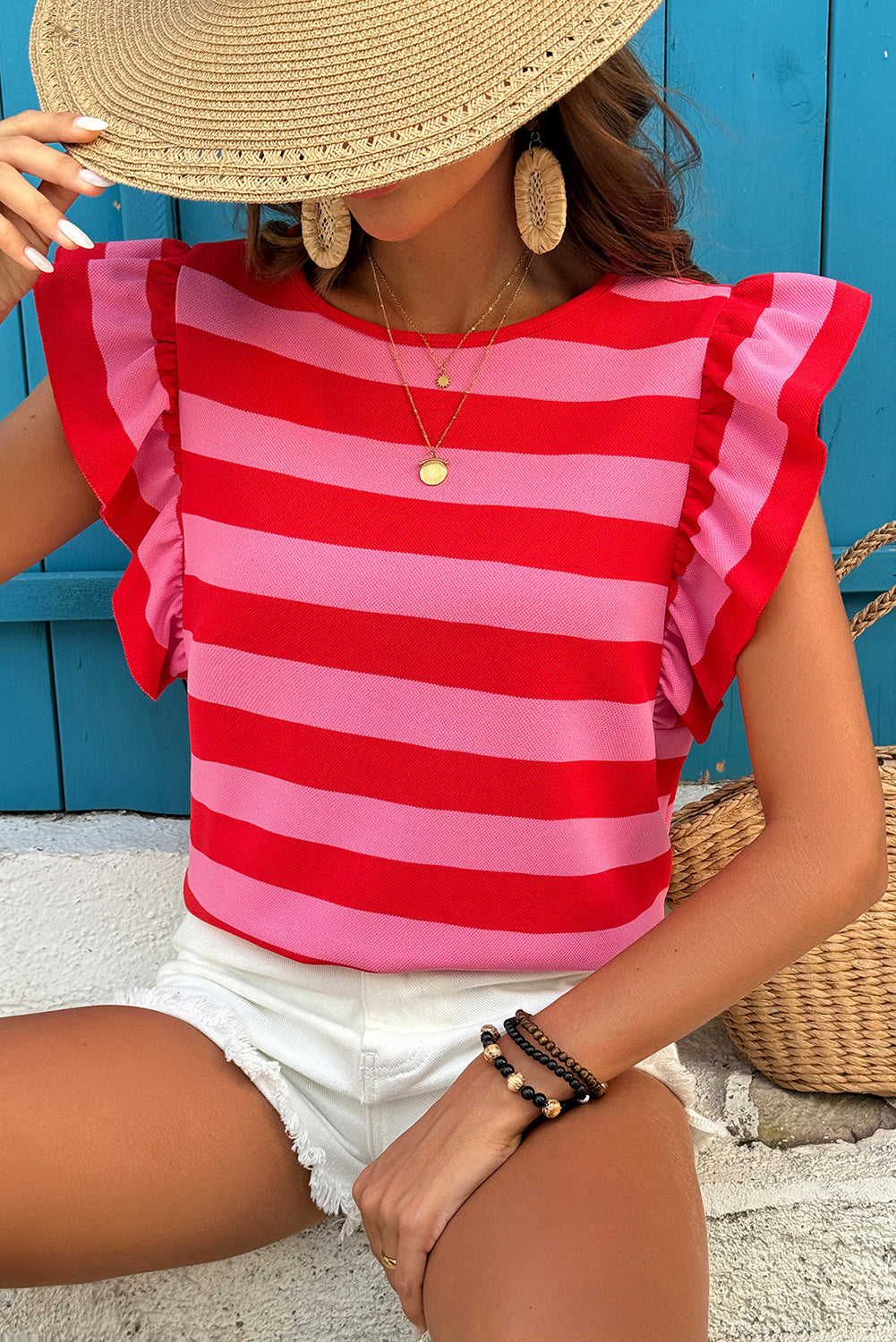 Red Stripe Flutter Sleeve Round Neck T Shirt-Tops/Tops & Tees-[Adult]-[Female]-2022 Online Blue Zone Planet
