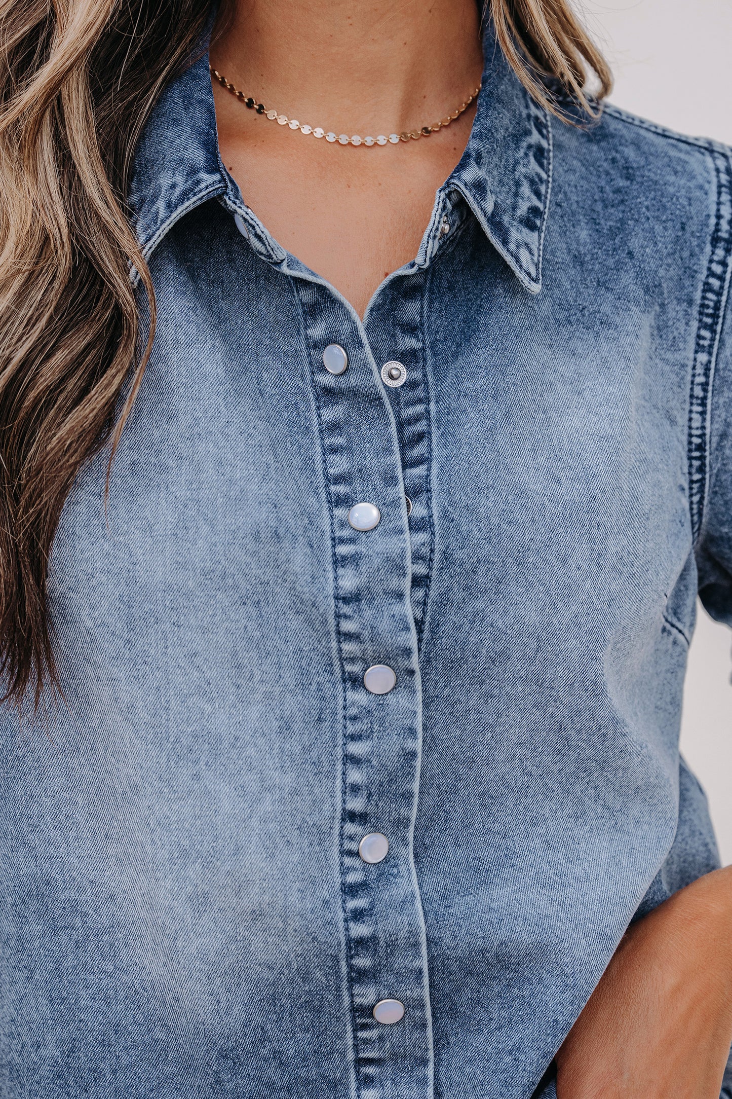 Beau Blue Frilled Short Sleeve Snap Button Denim Shirt-Tops/Blouses & Shirts-[Adult]-[Female]-2022 Online Blue Zone Planet