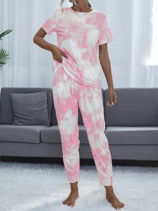 Shiny Tie-Dye Round Neck Short Sleeve Top and Pants-TOPS / DRESSES-[Adult]-[Female]-Blush Pink-S-2022 Online Blue Zone Planet