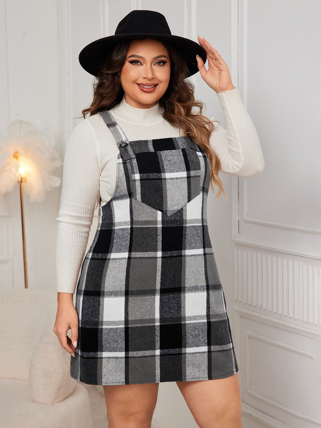 Blue Zone Planet | Plus Size Plaid Wide Strap Overall Dress-TOPS / DRESSES-[Adult]-[Female]-2022 Online Blue Zone Planet