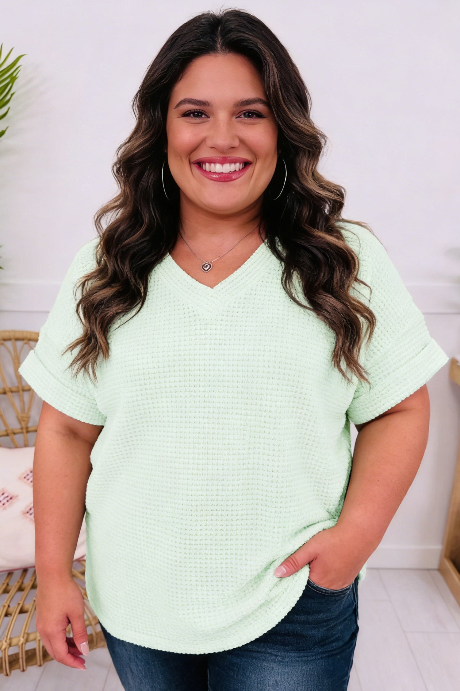 Wisteria V Neck Short Sleeve Plus Size Waffle Knit Top-Plus Size/Plus Size Tops/Plus Size Tops & Tees-[Adult]-[Female]-2022 Online Blue Zone Planet