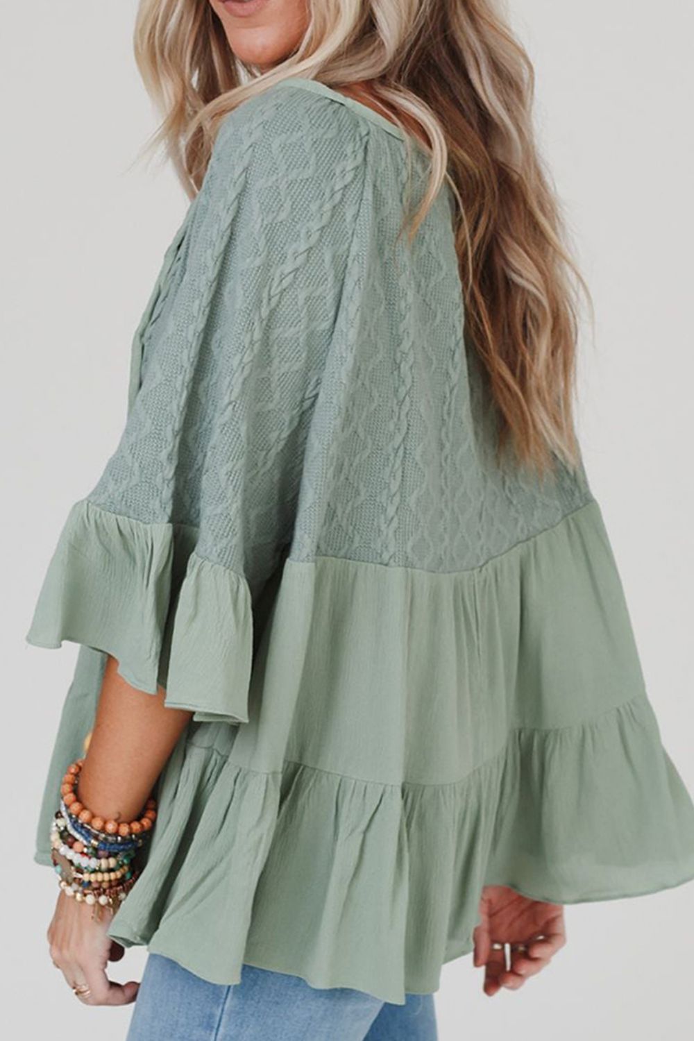 Ruffled Tie Neck Three-Quarter Sleeve Blouse-TOPS / DRESSES-[Adult]-[Female]-2022 Online Blue Zone Planet