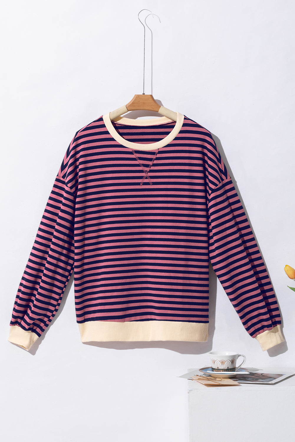 Sky Blue Stripe Oversized Contrast Trim Pullover Sweatshirt-Tops/Sweatshirts & Hoodies-[Adult]-[Female]-2022 Online Blue Zone Planet