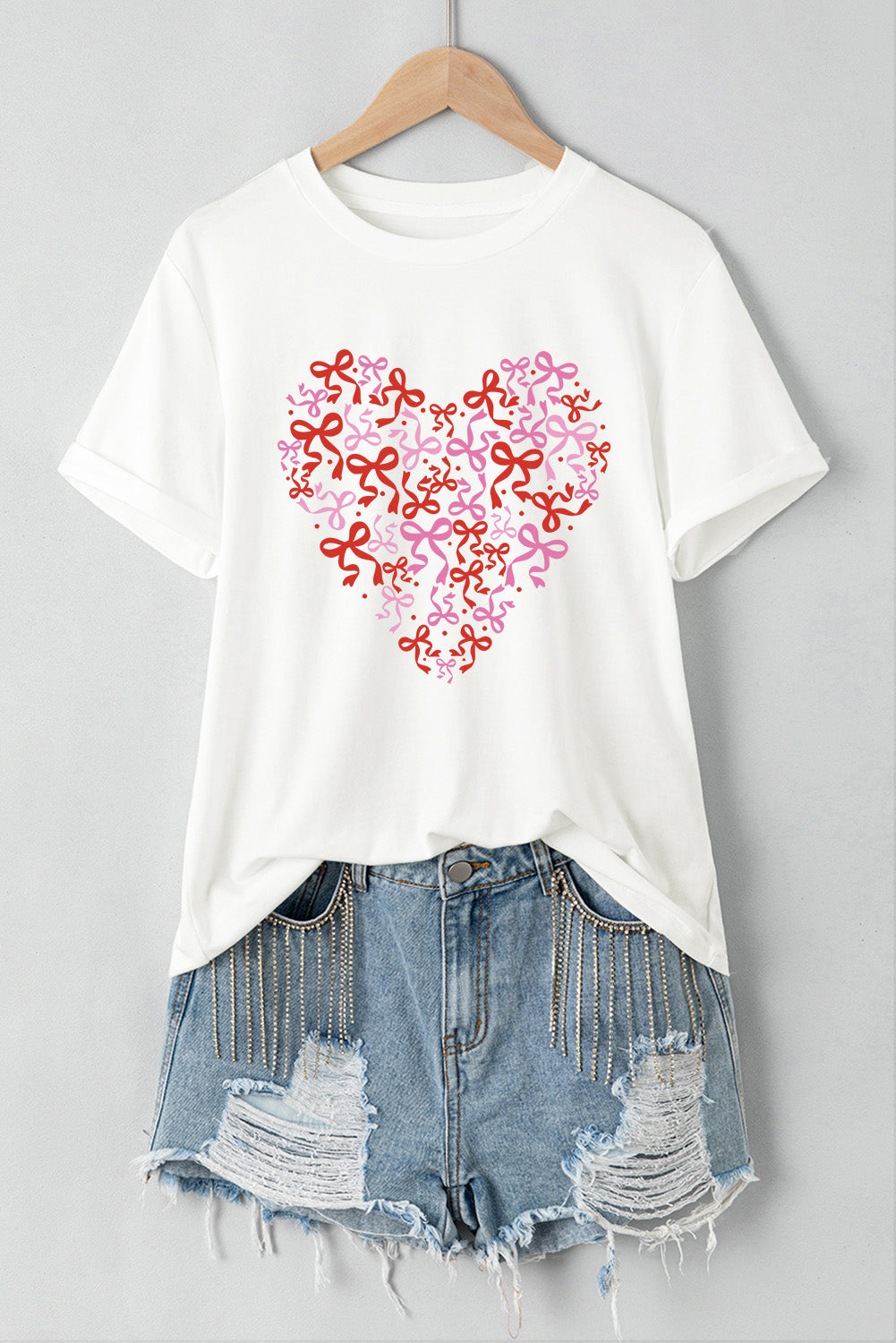 White Bowknot Heart Printed Crewneck Valentines Tee-Graphic Tees-[Adult]-[Female]-2022 Online Blue Zone Planet